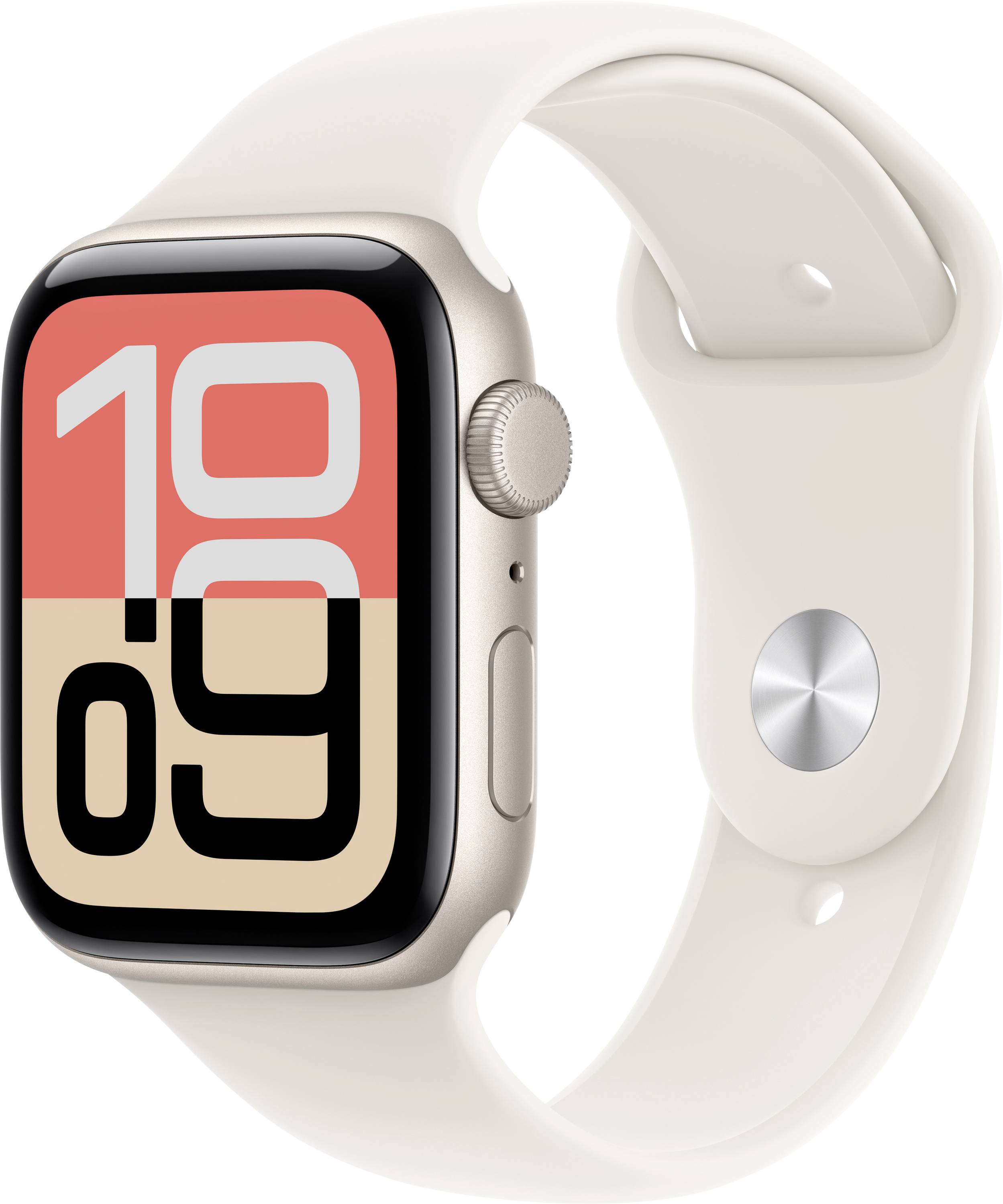 A smartwatch with a white band displays a stylized digital clock with orange, gray, and cream hues, showing the time '10:09'.