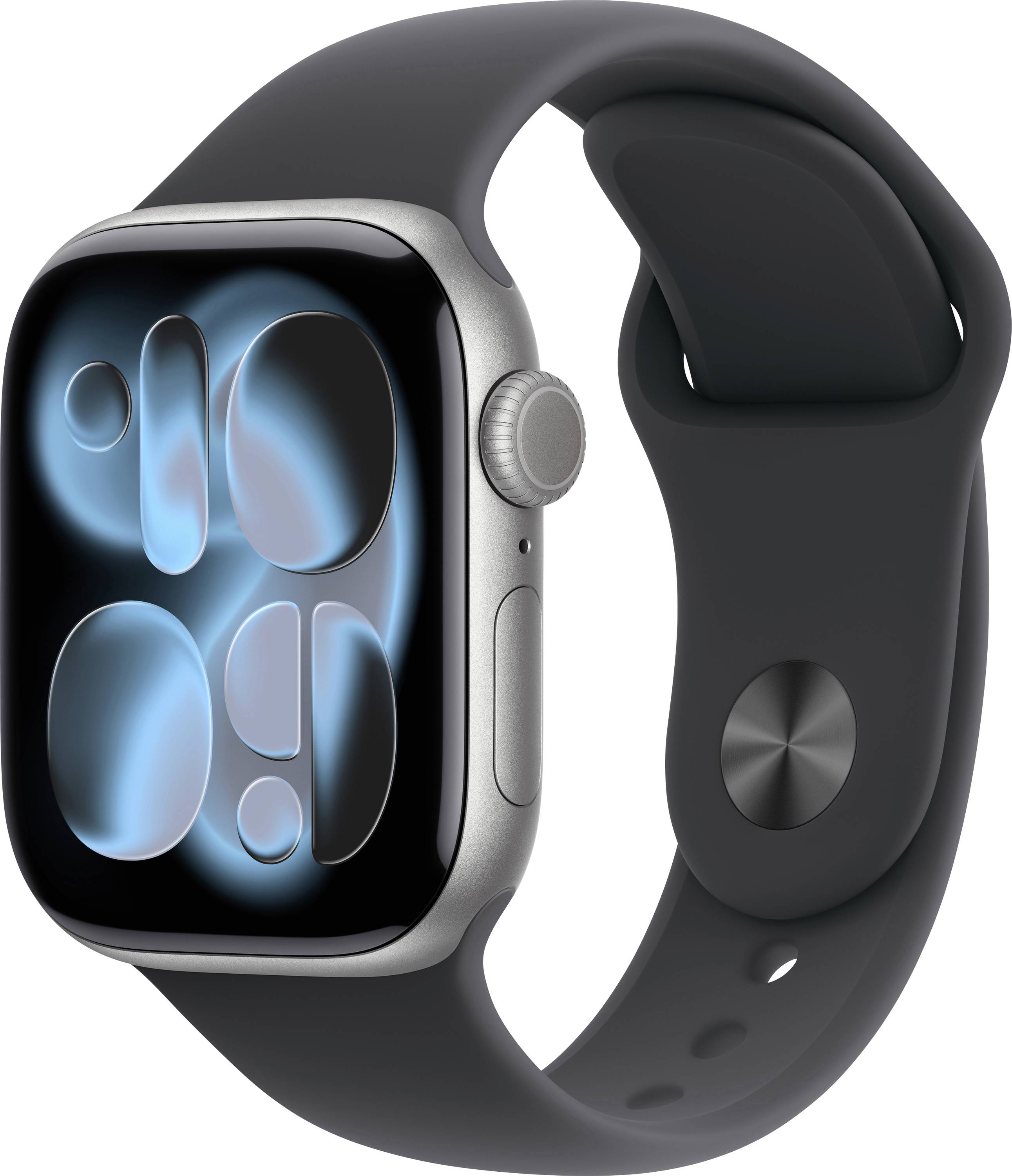A smartwatch with a black band and a bright digital display, showing abstract shapes on the screen.