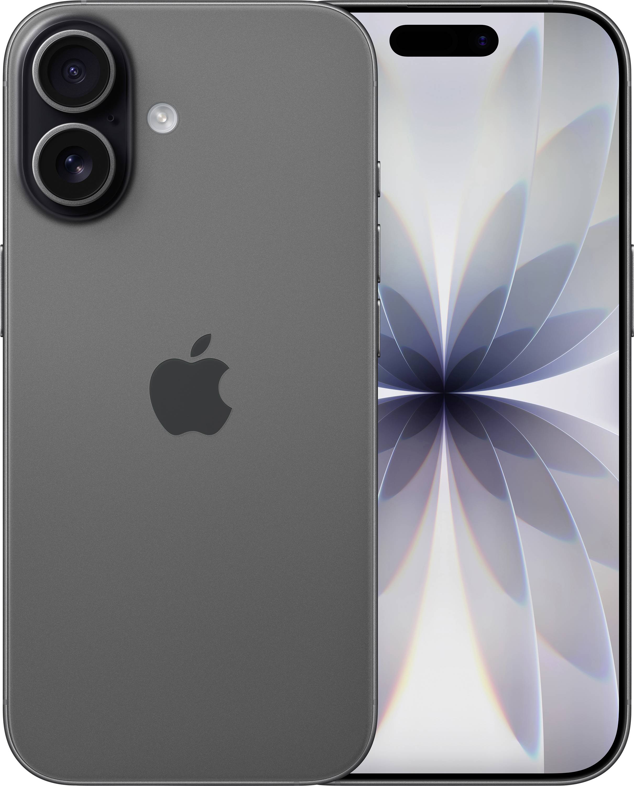 Front and back view of a modern smartphone with dual cameras and an Apple logo. The screen displays a geometric flower pattern.