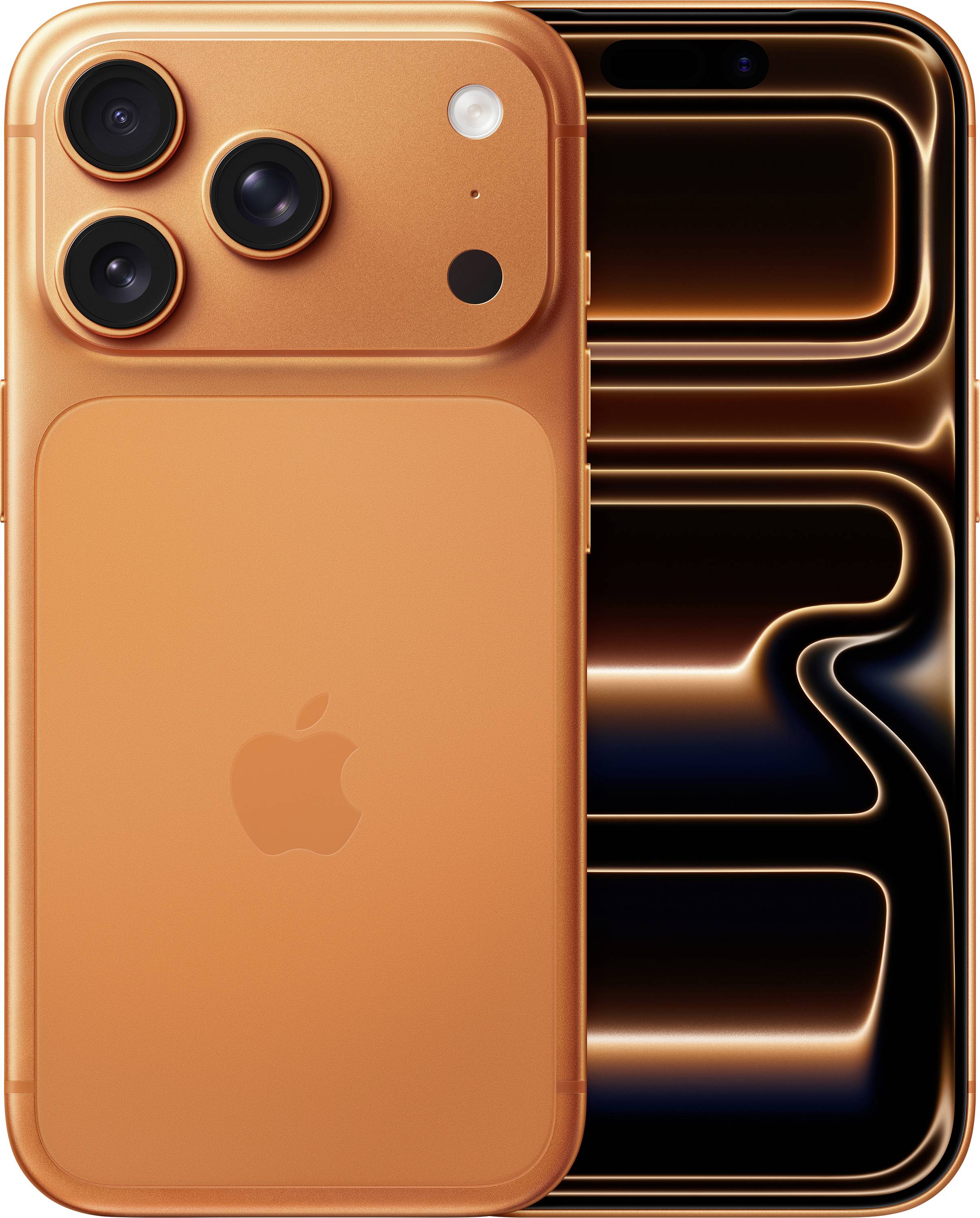 An orange smartphone with a triple camera system and a reflective screen displaying abstract glowing lines, showcasing its design features.