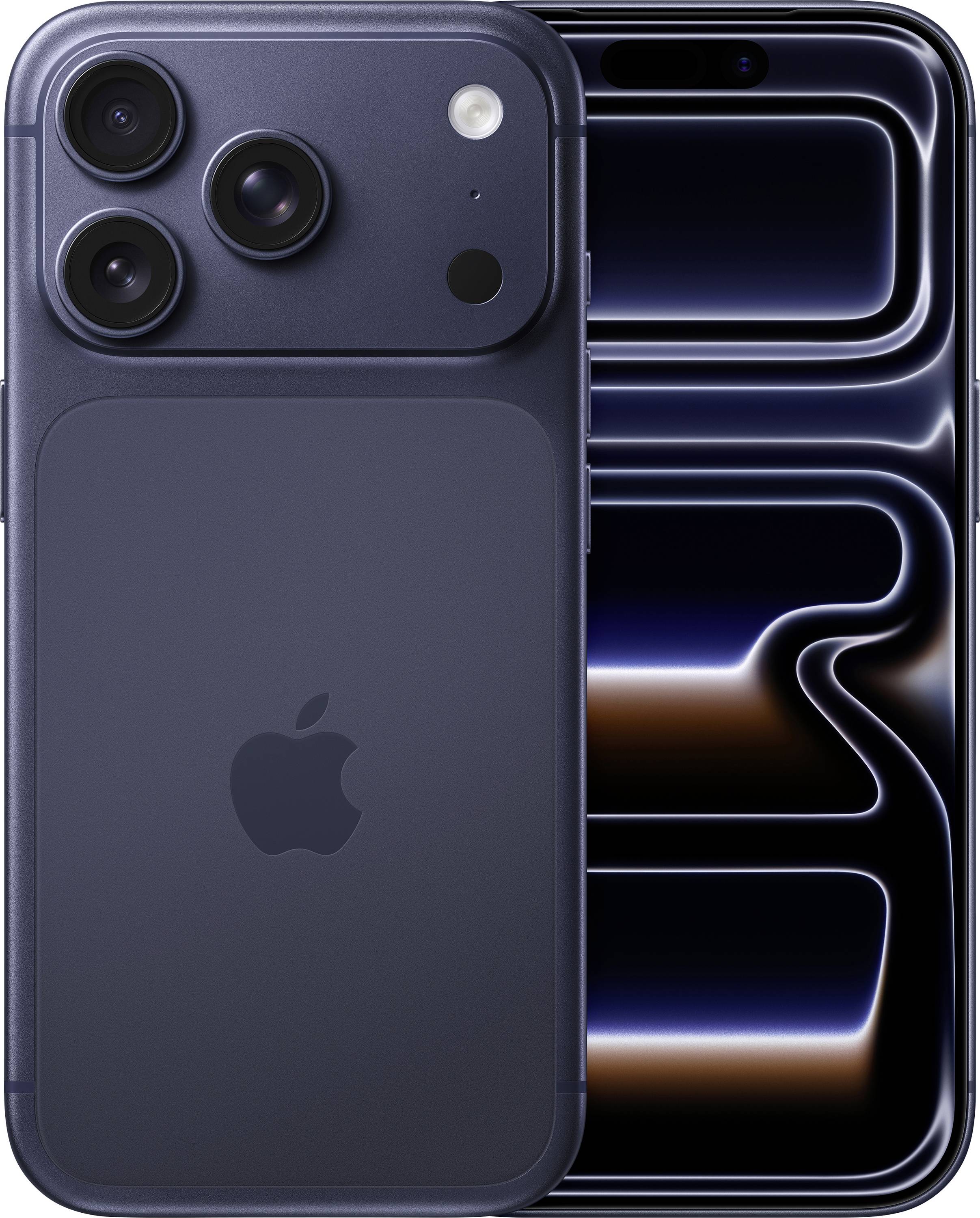 A smartphone featuring a triple-lens camera and Apple logo on the back, with a sleek metallic design and a reflective display screen.