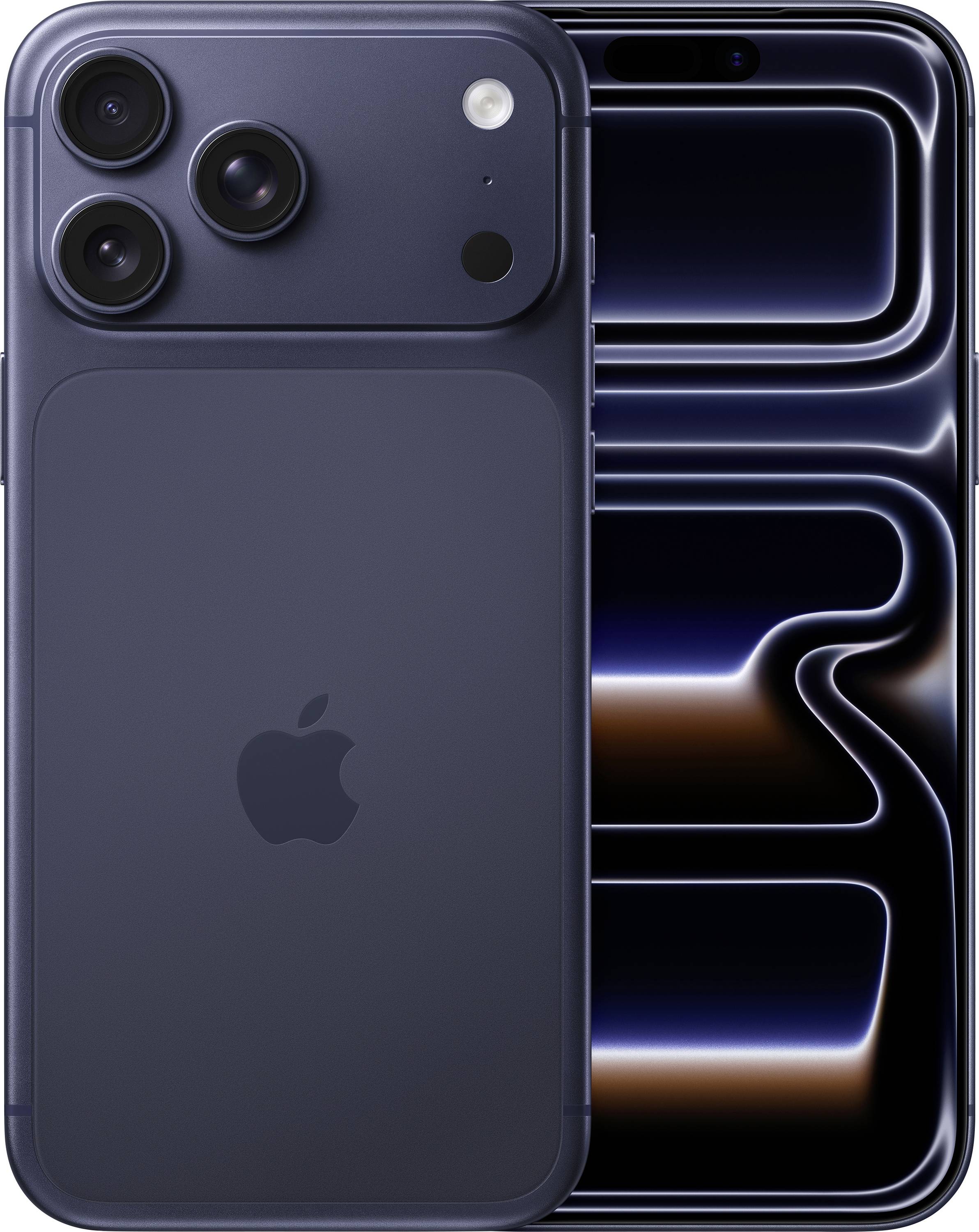 A modern smartphone with a triple-lens camera on the back and a sleek, reflective black front screen displaying a wavy pattern.