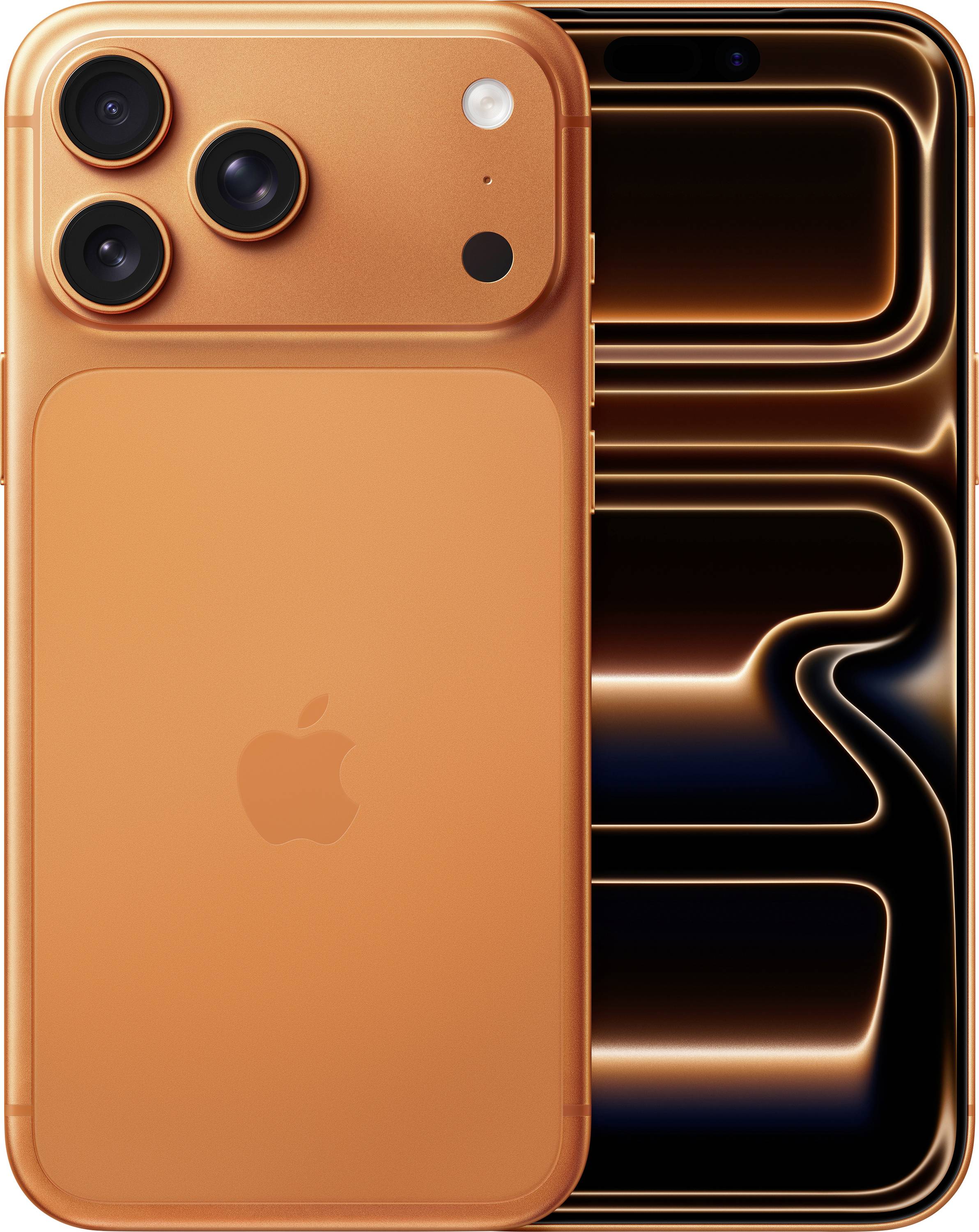 An orange smartphone with three rear cameras and a logo. The screen displays a futuristic pattern with glowing lines on a dark background.