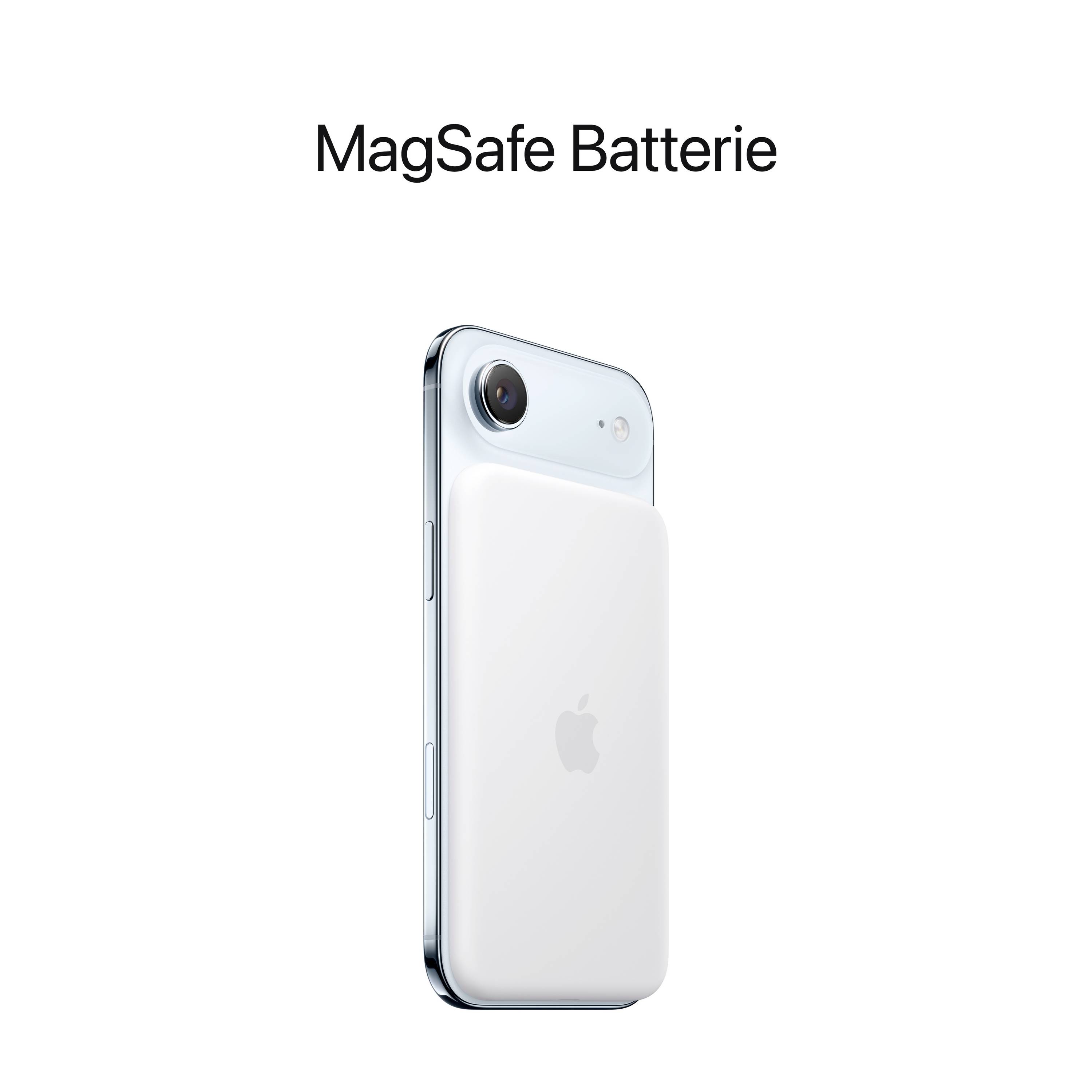 An iPhone with a white MagSafe Battery on the back, text: 'MagSafe Battery'. The battery is magnetically attached to the iPhone.
