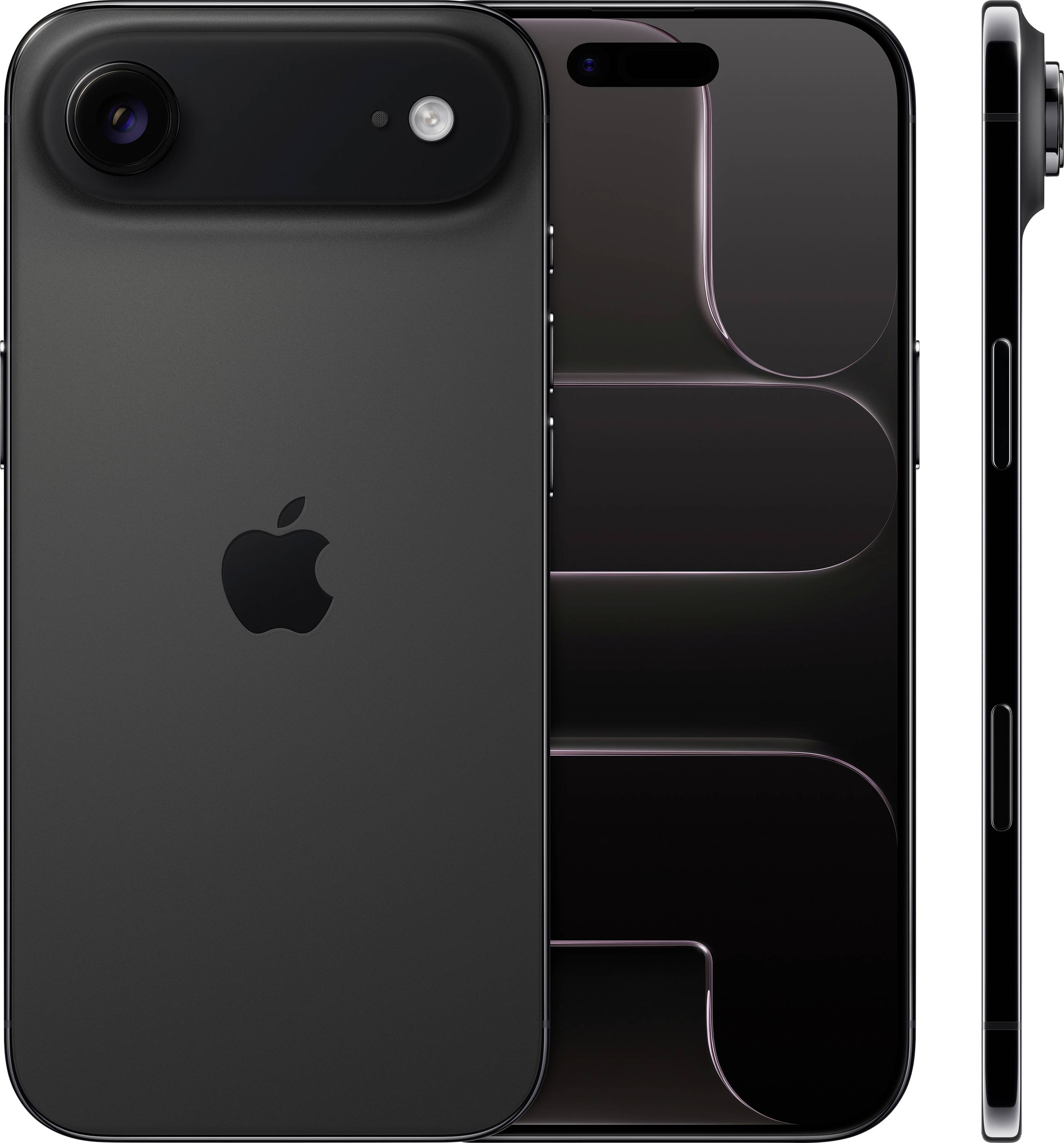 A sleek black smartphone, shown from three angles: front, back, and side. The device features a prominent camera and minimalist design.