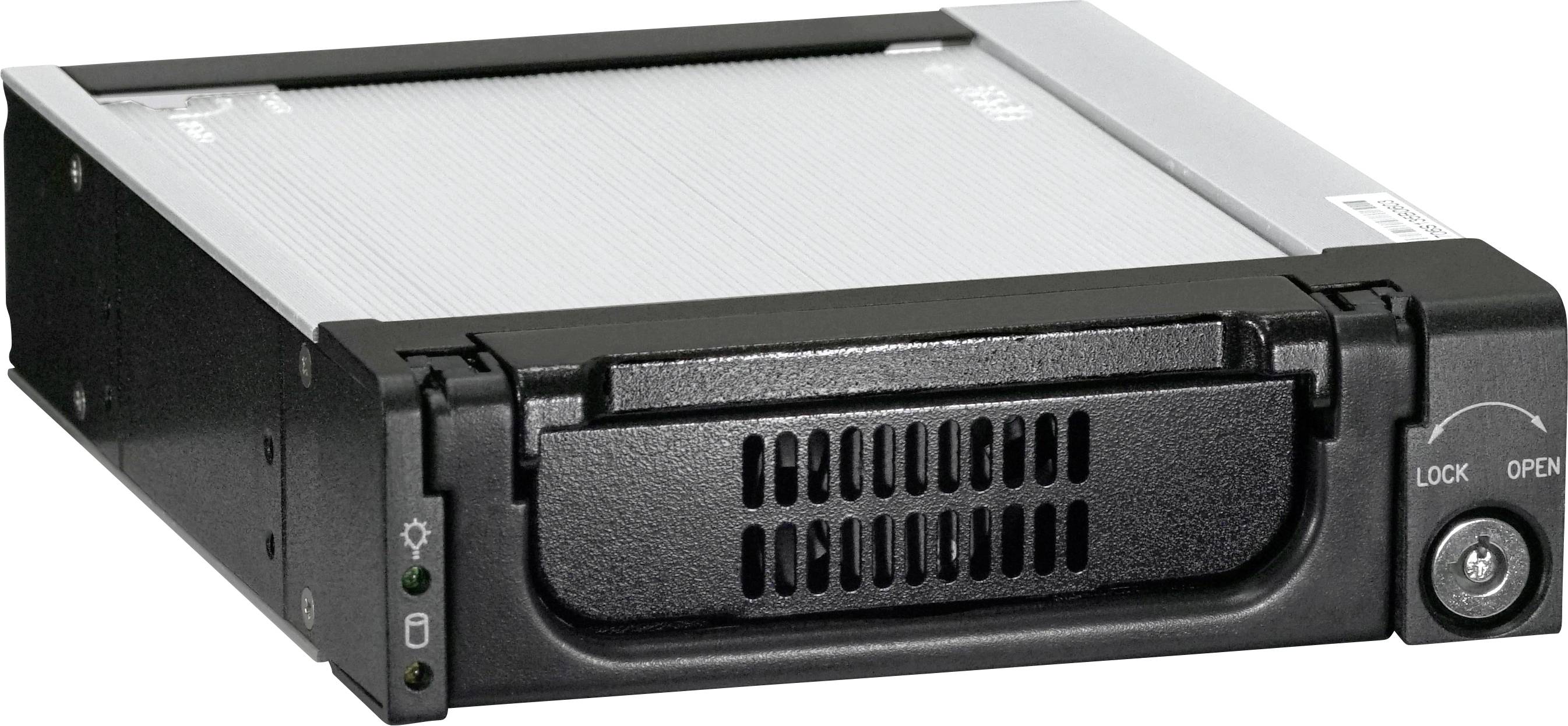 A black hard drive caddy with a lock and vented front panel designed for secure installation in a computer.
