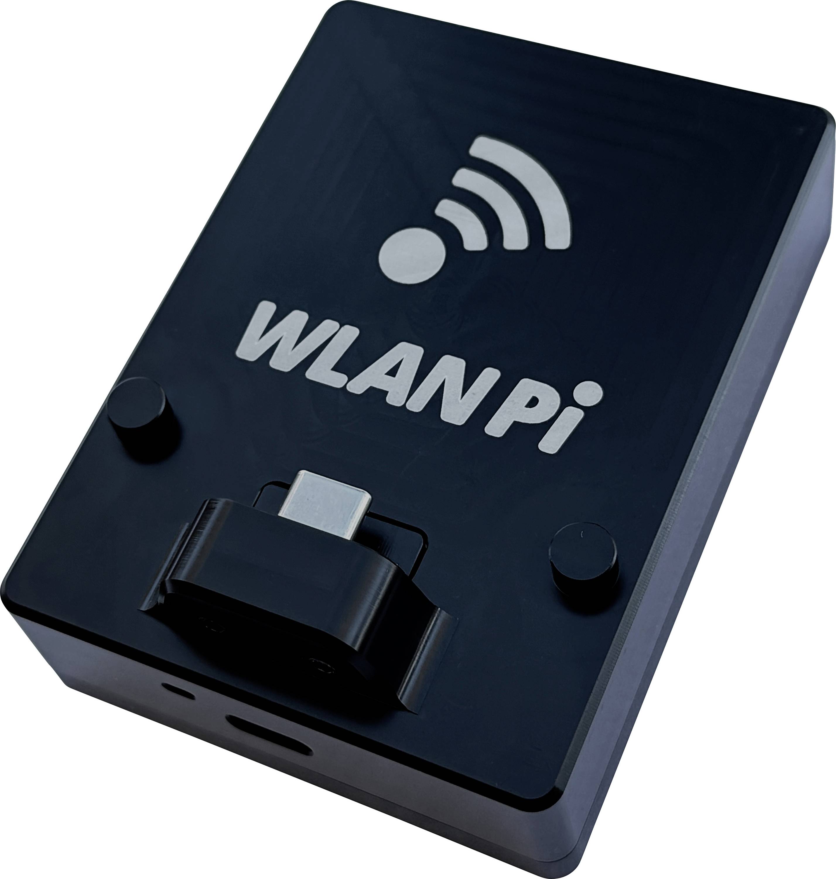 A black device labeled 'WLAN Pi' with a Wi-Fi symbol on top, featuring a USB-C port on the side.