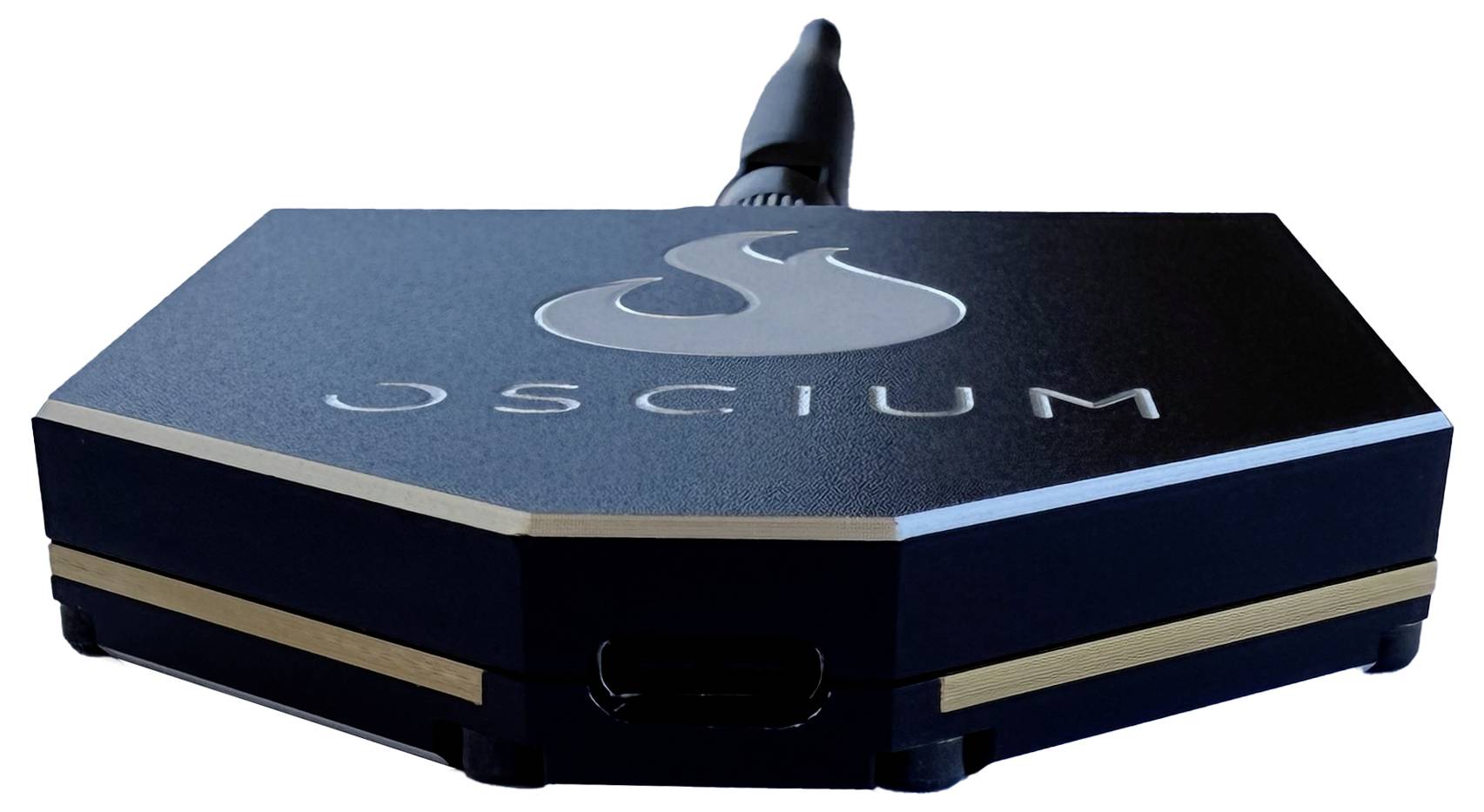 A hexagonal black device with the Oscium logo on top, featuring a central connector and antenna, used for wireless signal analysis.