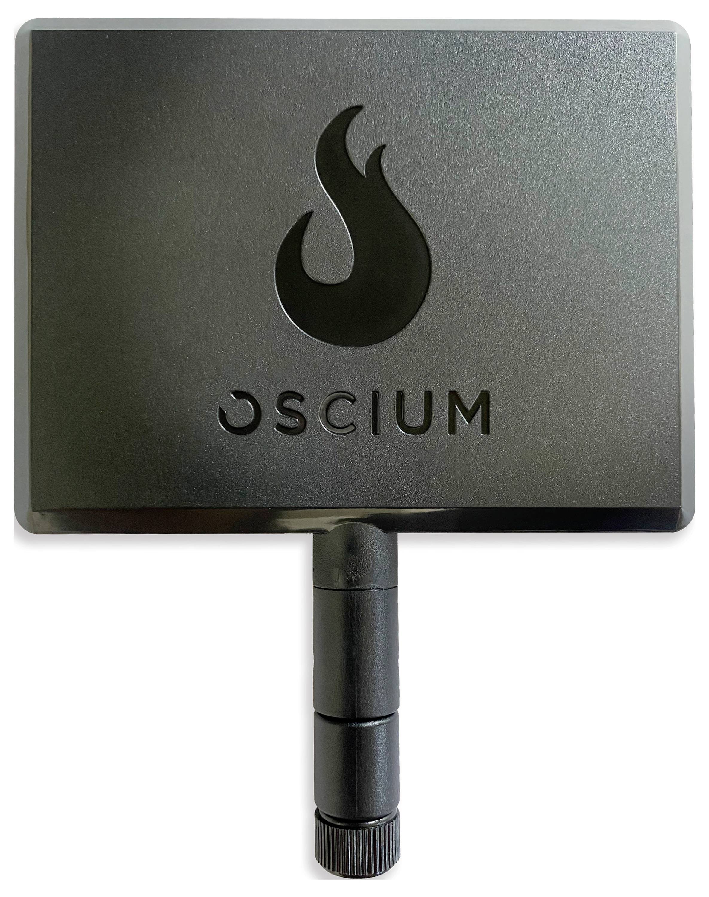 A black, rectangular device with the logo of a flame above the word 'Oscium', featuring an adjustable antenna below.