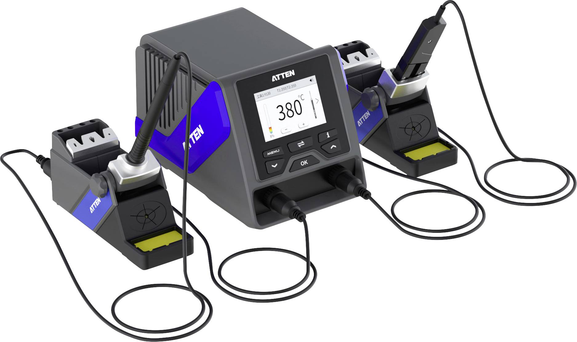 ATTEN soldering station with multiple connected soldering irons and a digital display showing 380°C.
