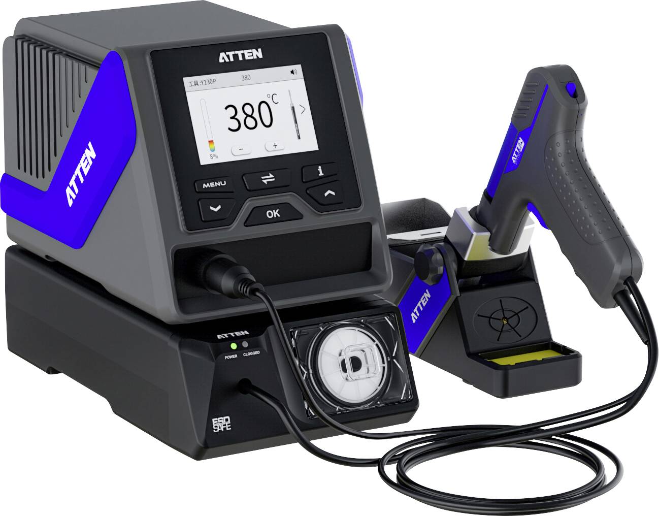 Soldering station with digital display showing 380°C, includes soldering iron placed in stand, manufactured by ATTEN.