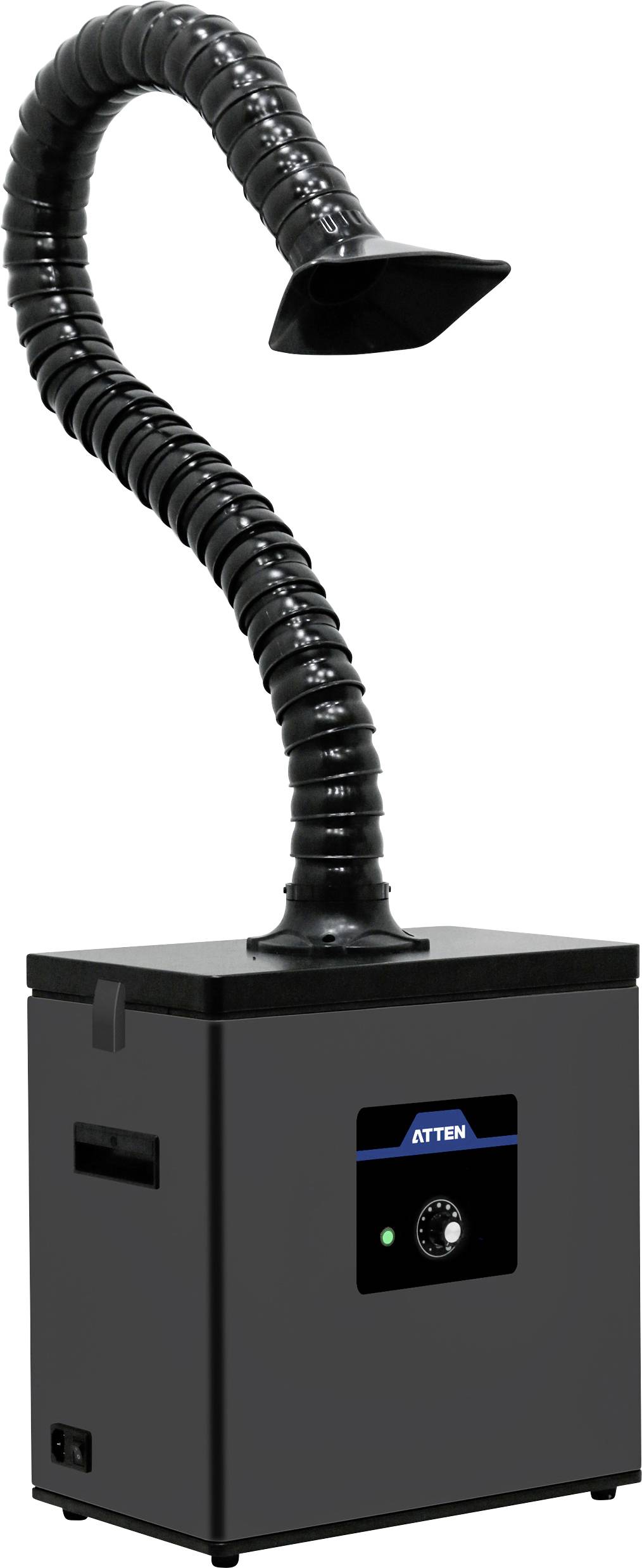Black smoke absorber with flexible hose and adjustable nozzle on a compact base unit; used for filtering fumes in electronic workspaces.