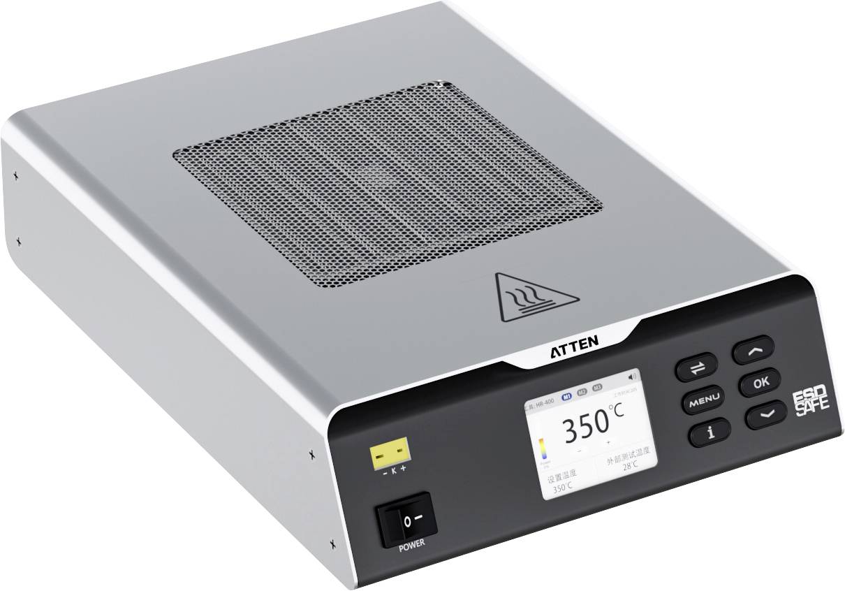 Soldering station with digital display showing temperature at 350°C, four control buttons, power switch, and ventilation grill on top.
