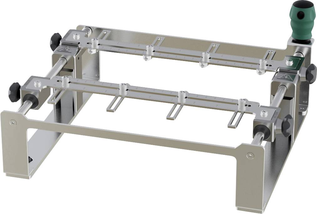 Precision router edge guide with adjustable metal bars and a green handle, designed for woodworking applications.