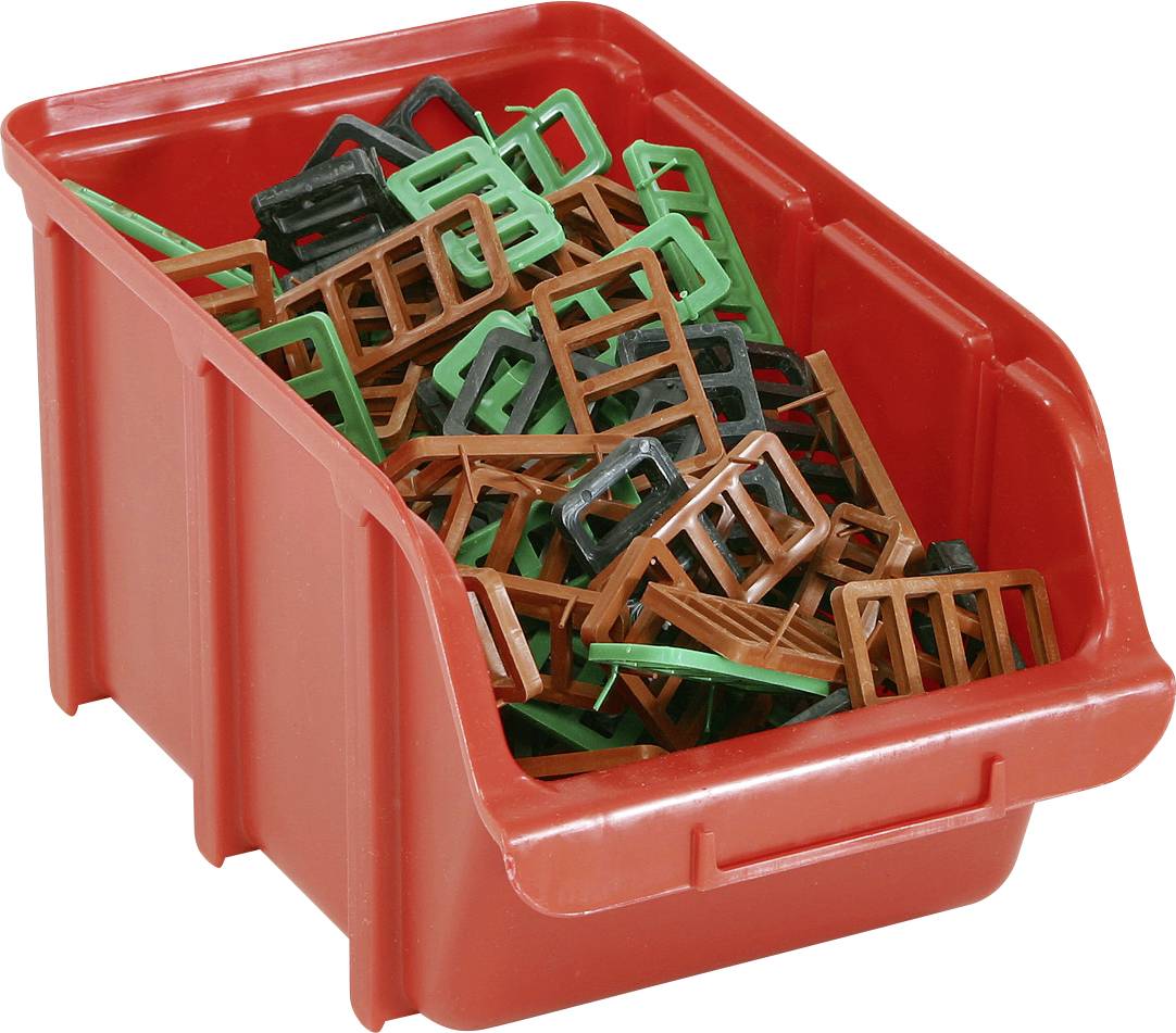 A red storage bin filled with assorted plastic brackets in different colors.