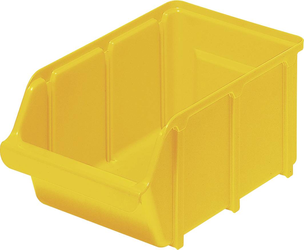A yellow plastic storage bin with an open top and ridged sides, designed for organizing small items.