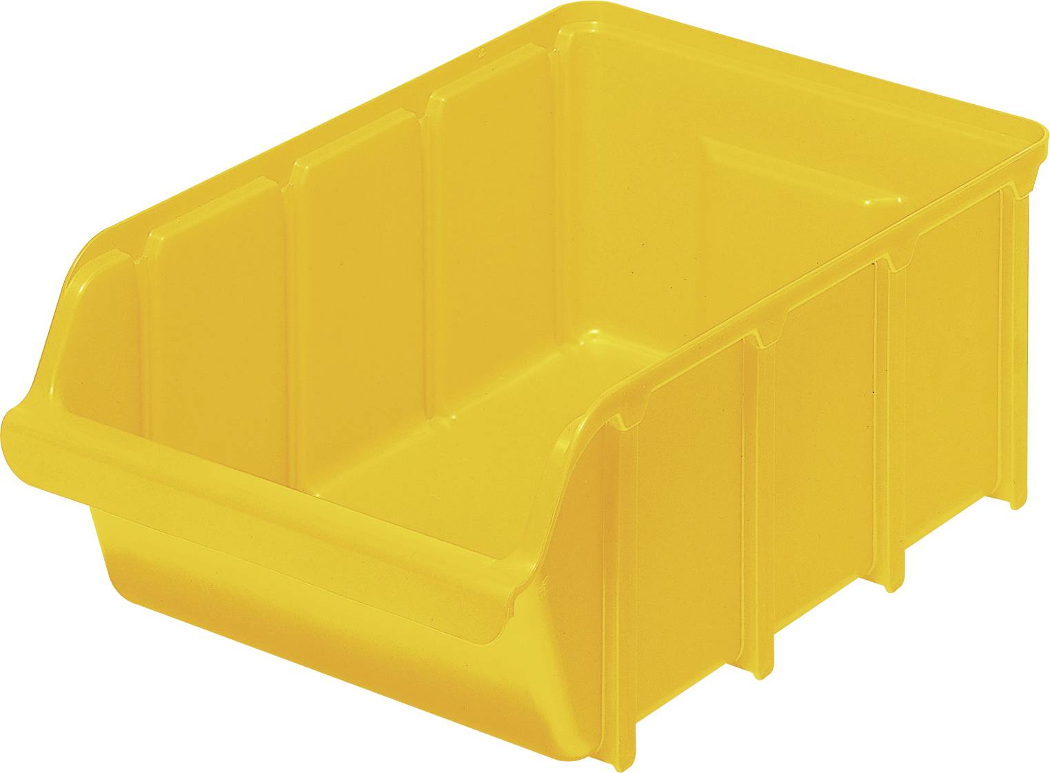 A yellow plastic storage bin with a rectangular shape and open front.