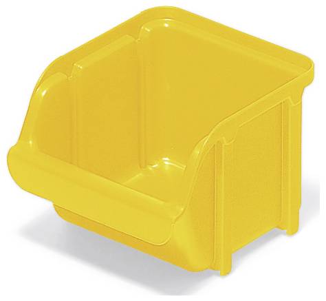 A yellow plastic storage bin with a sloped front design for easy access, suitable for organizing and storing small items.