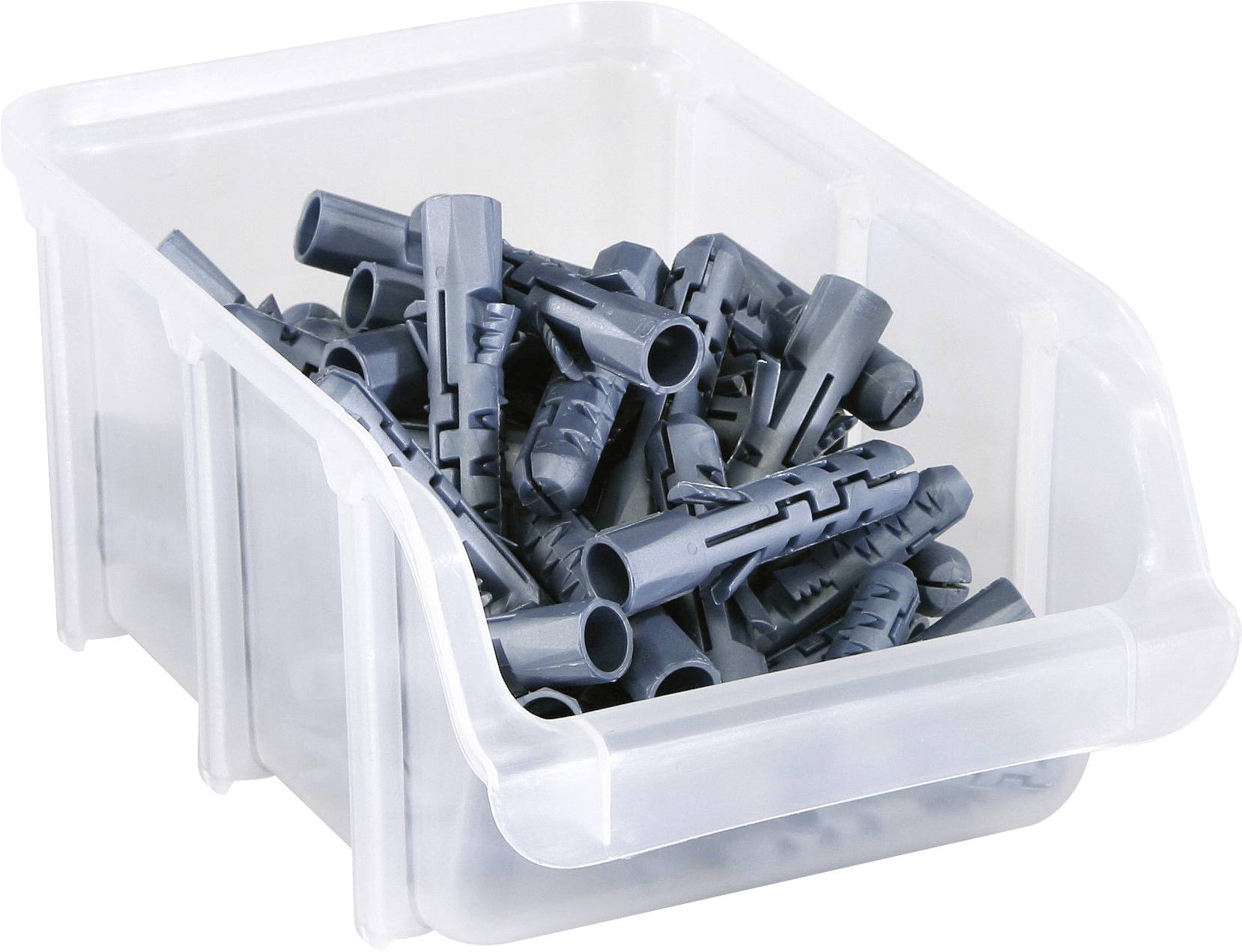 A clear plastic container filled with gray plastic wall anchors.