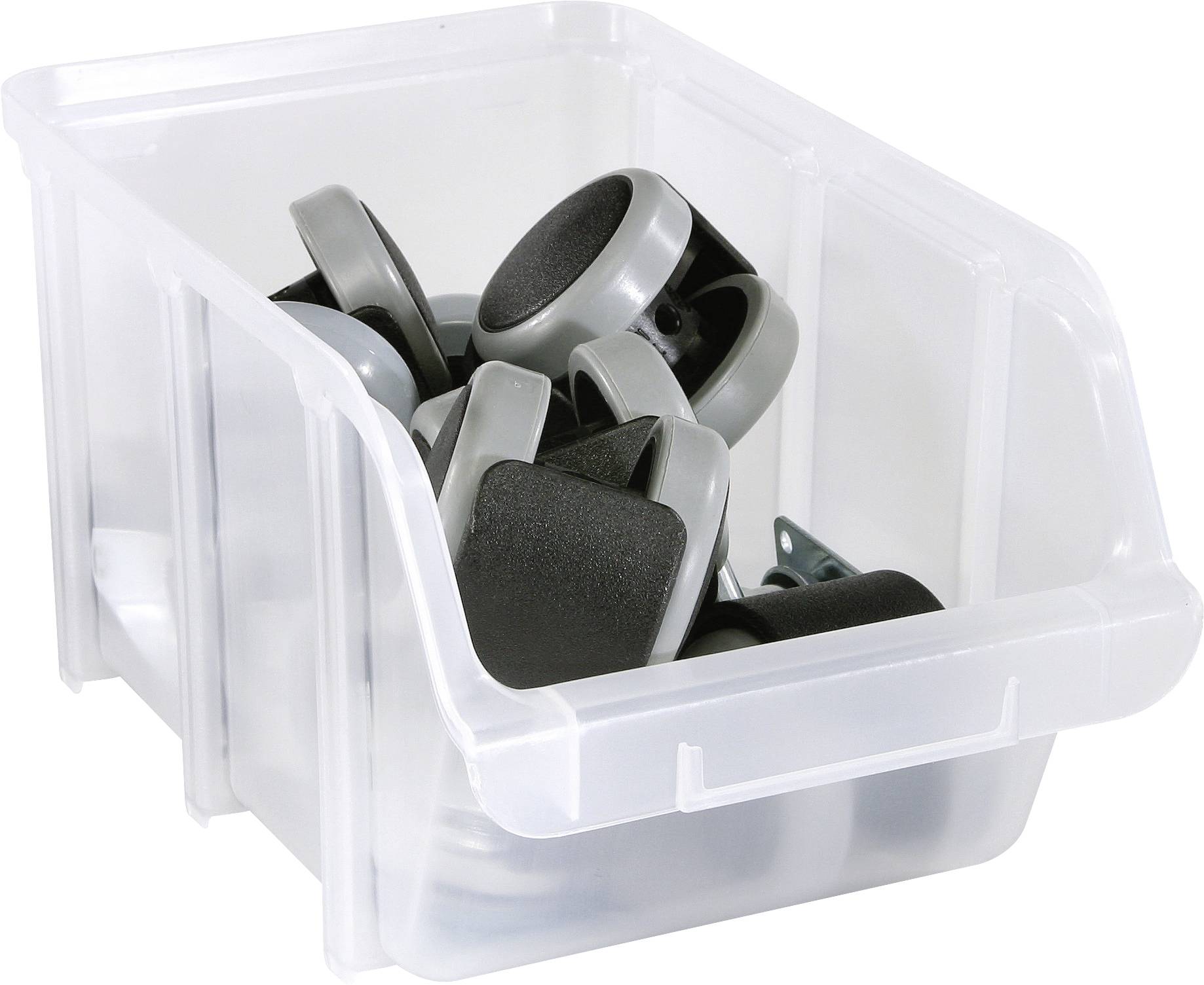 A transparent plastic bin filled with grey and black caster wheels.