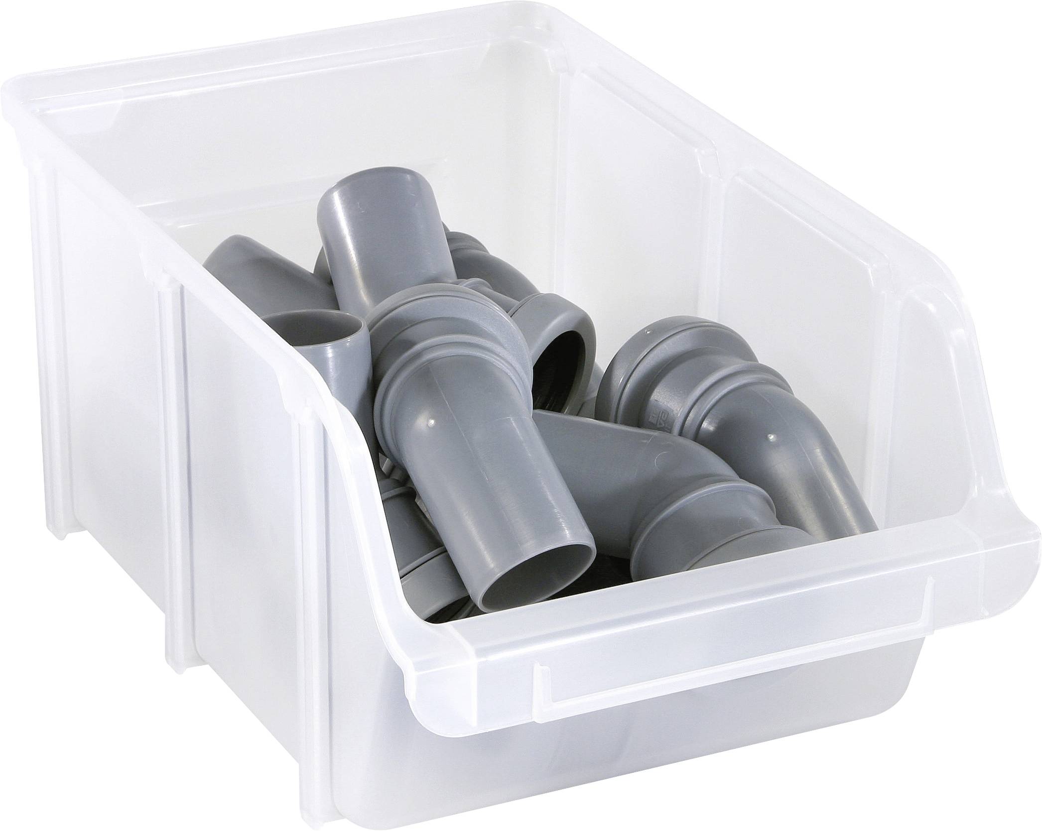 A clear plastic storage bin filled with gray PVC pipe fittings, used for plumbing or irrigation.