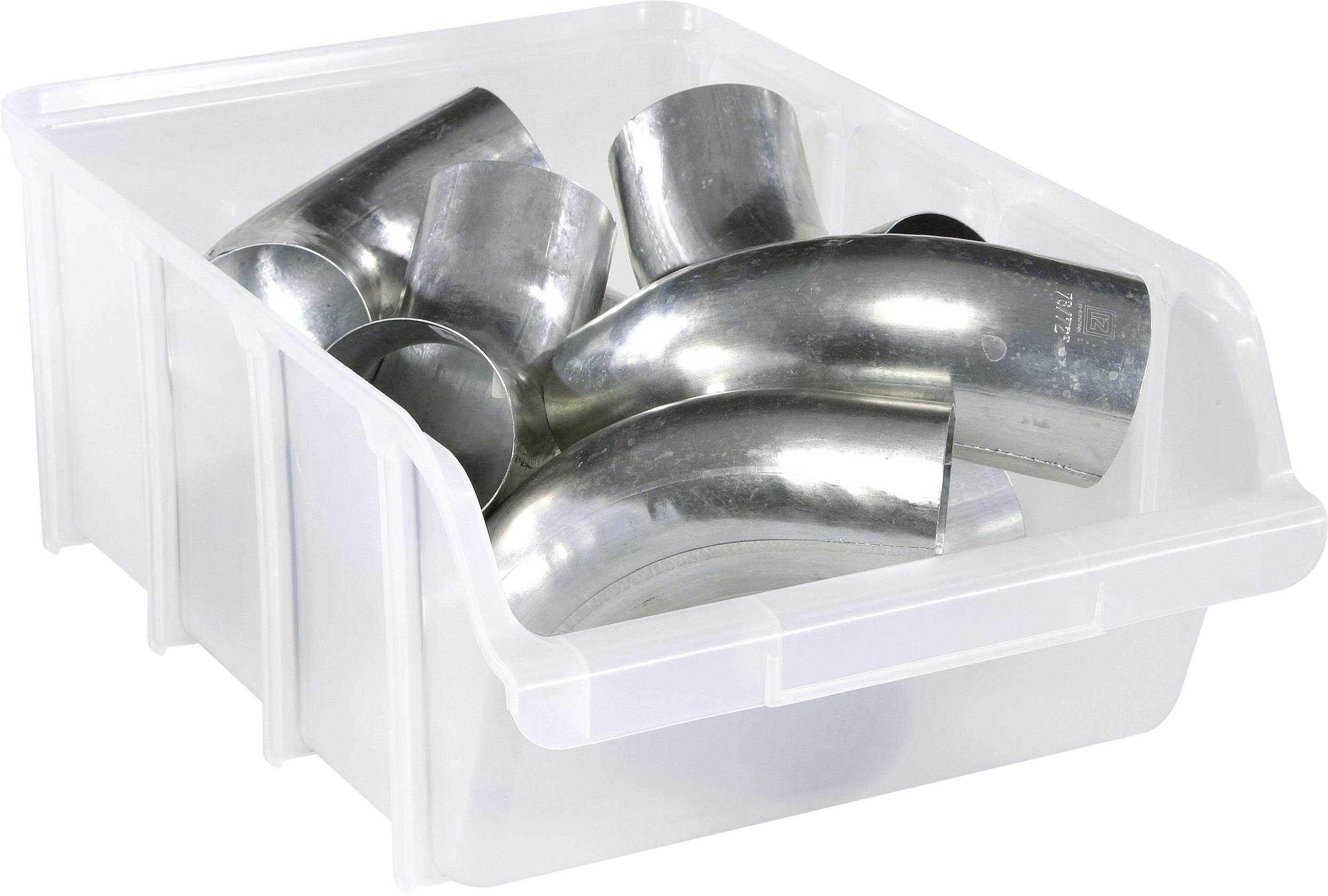 A white plastic bin containing several shiny metal pipe elbows, used for connecting plumbing or ventilation systems.