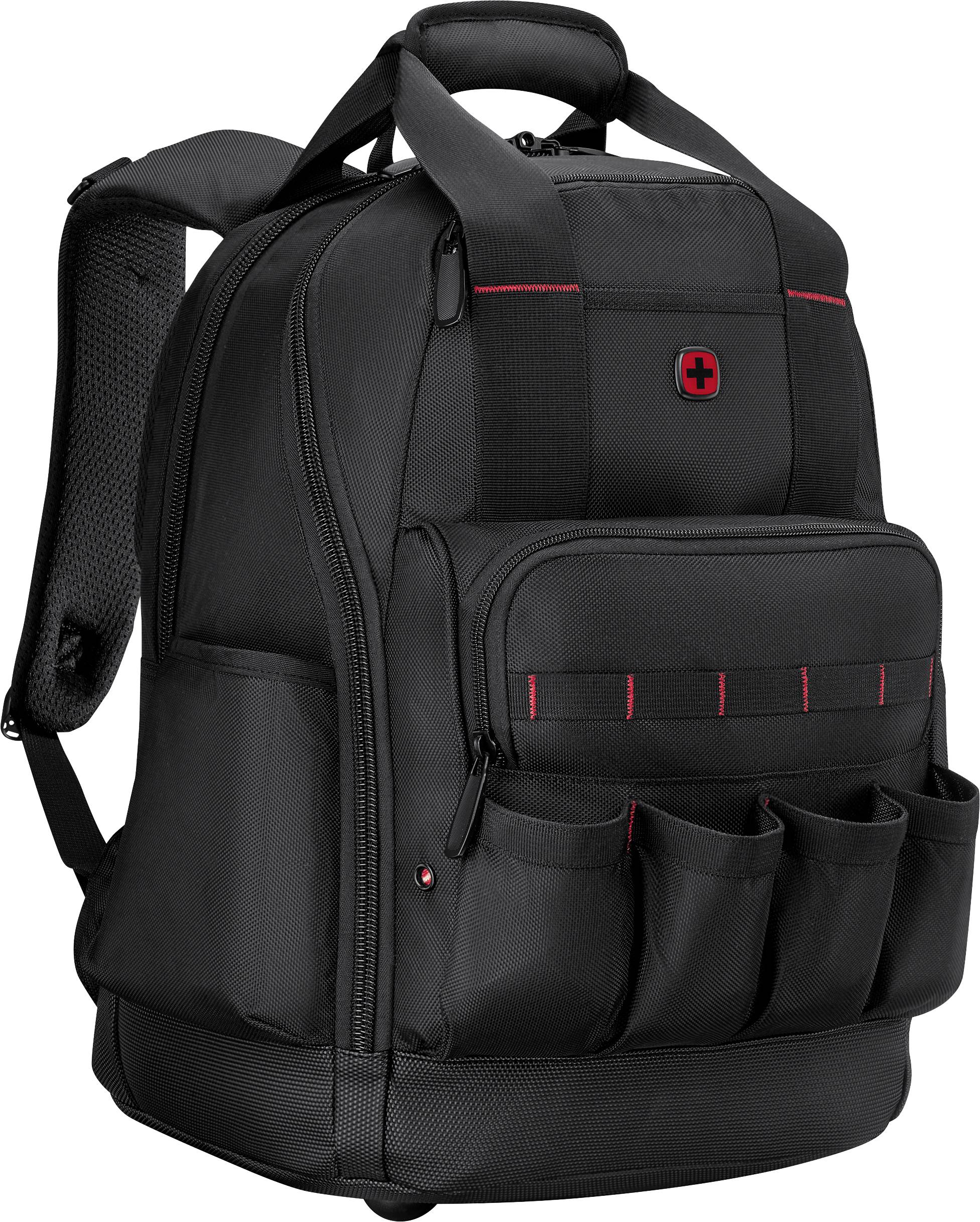 A black backpack with red accents featuring multiple compartments, including front pockets and a top handle, designed for carrying personal items.