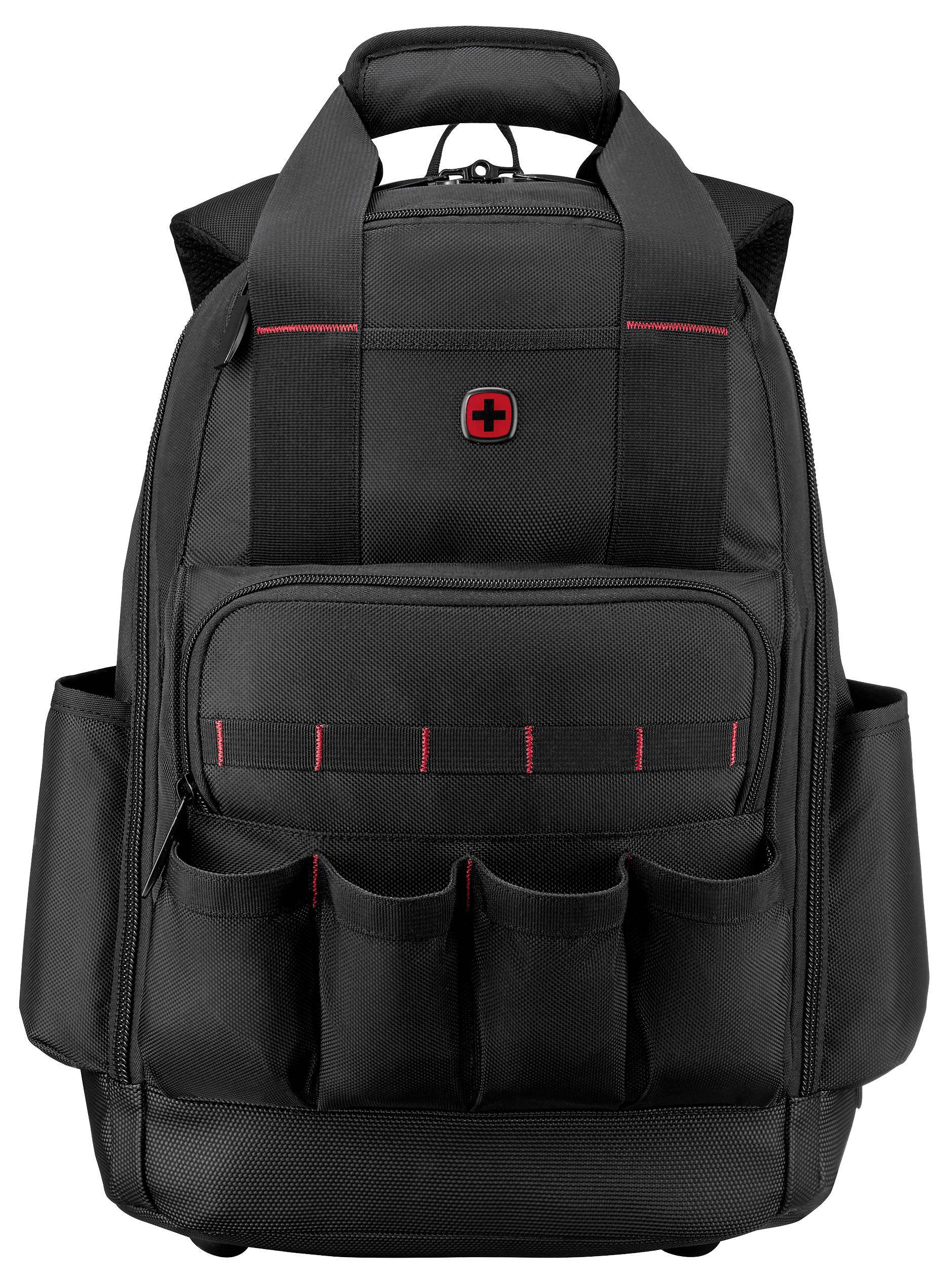 Black backpack with reinforced handle, multiple zippered compartments, side pockets, and red stitching accents. Suitable for travel or work.