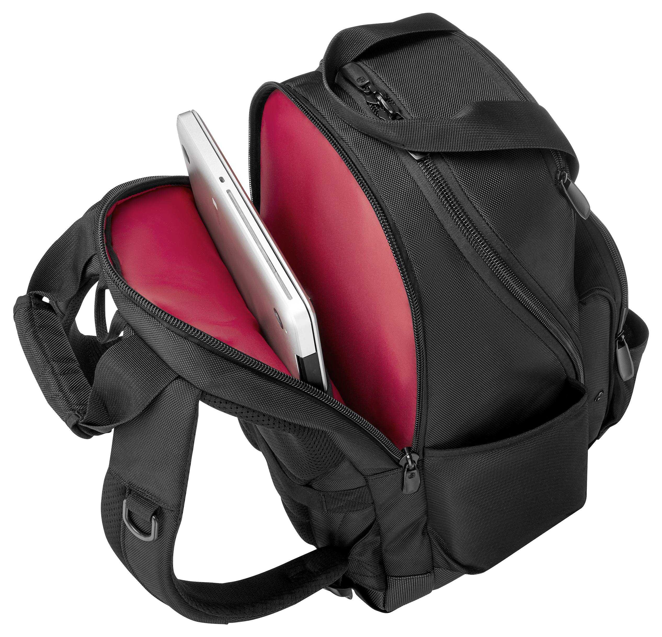 A black backpack with red interior holds a silver laptop in an open compartment, showcasing the bag's capacity and protective design.