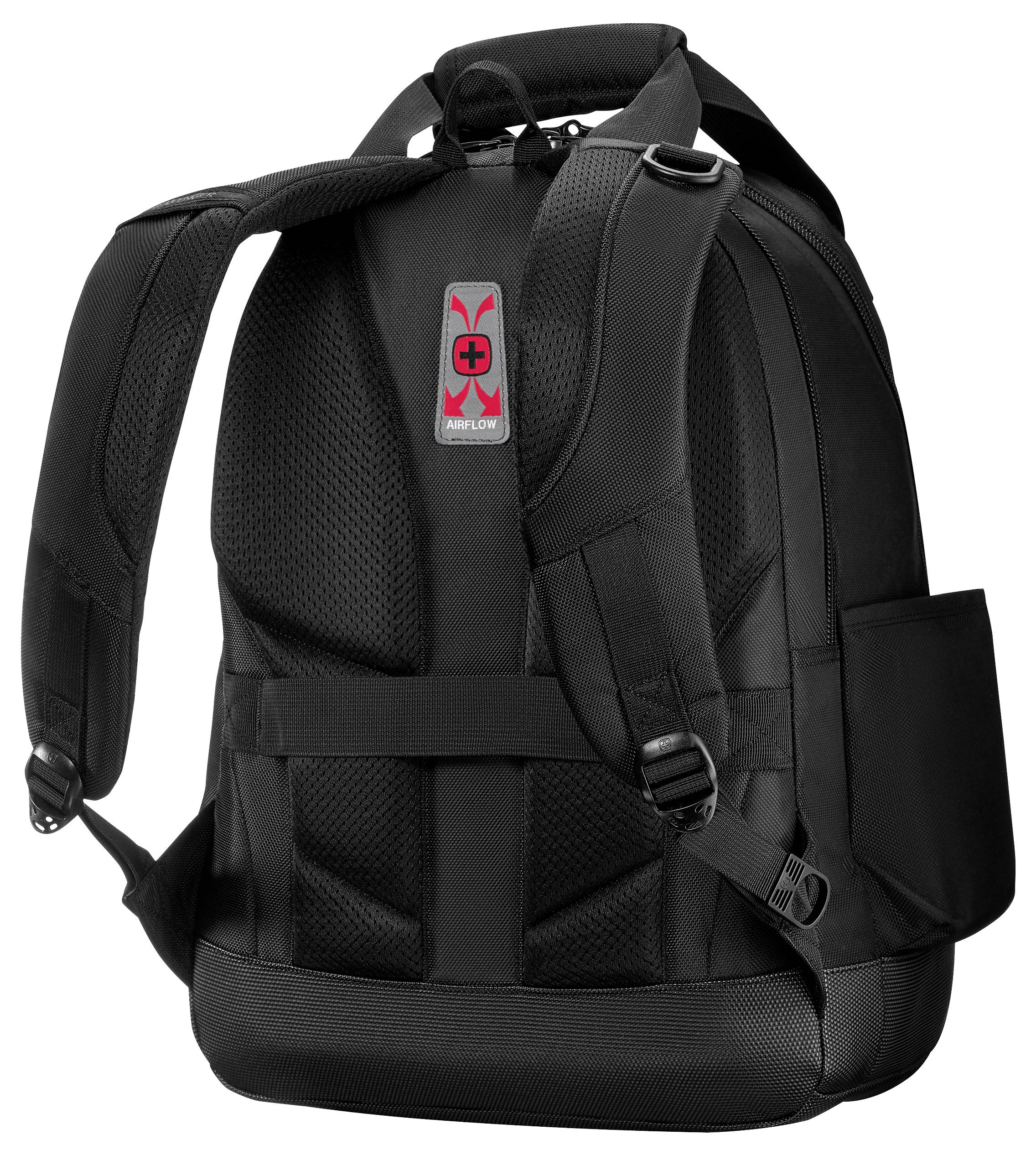A black backpack with multiple compartments and padded shoulder straps. It features a red and gray logo on the back.