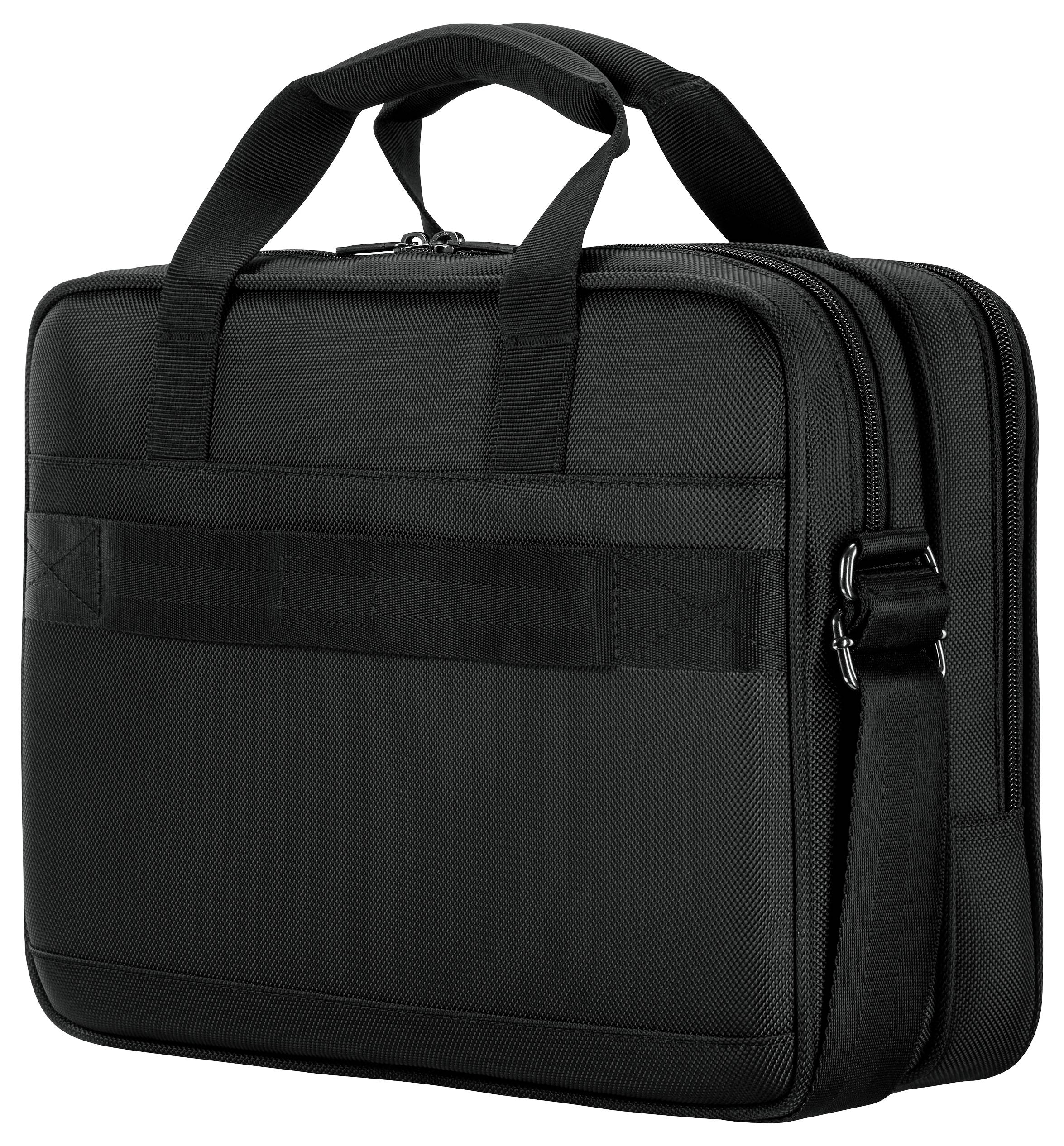 A black laptop bag with two handles, a shoulder strap, and a zipper closure. It appears sturdy and designed for portability.