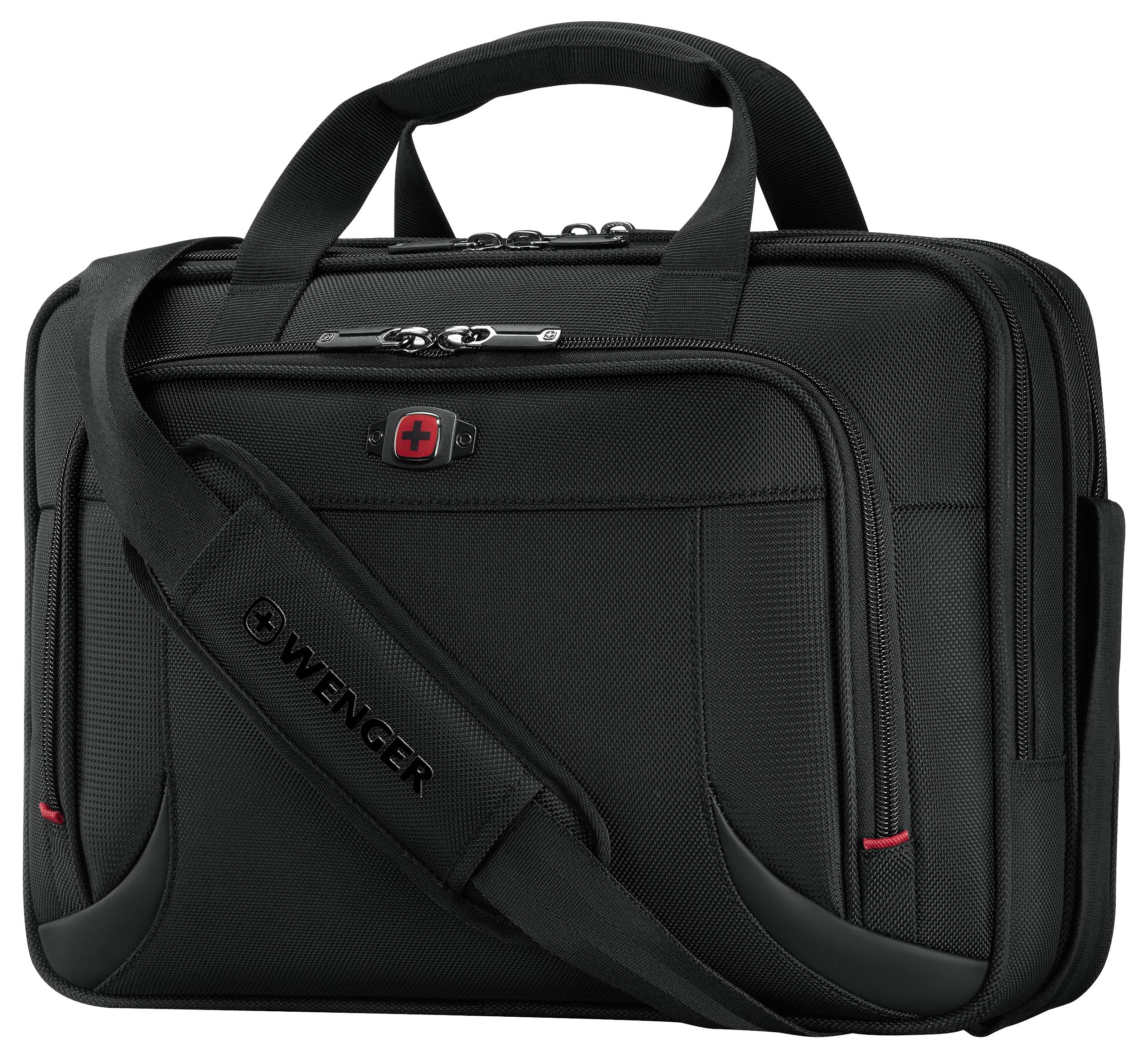 A black Wenger laptop bag with dual handles and a shoulder strap, featuring a red and black logo on the front pocket.