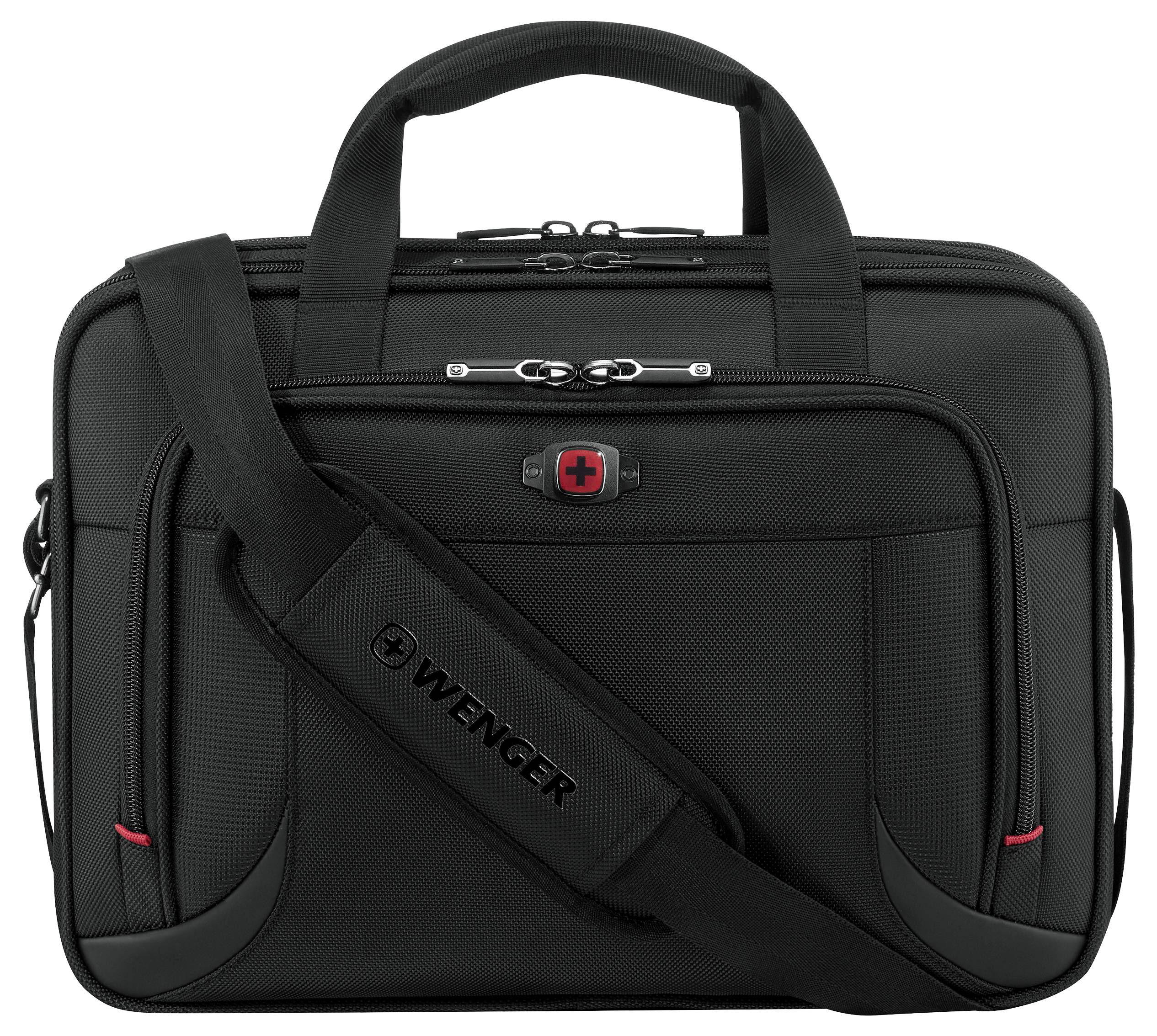 A black laptop bag with a top handle and a shoulder strap. It features a red cross logo on the front pocket and 'Wenger' on the strap.
