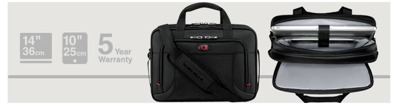 A black laptop bag shown with a carrying handle and strap, fits laptops up to 14