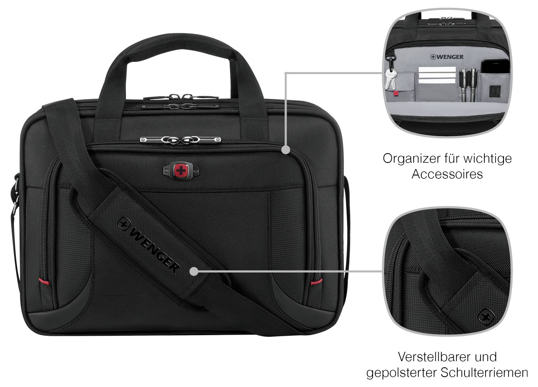A black Wenger bag with a shoulder strap and compartments. An inset shows organized accessories. Text reads: 'Organizer for important accessories'.
