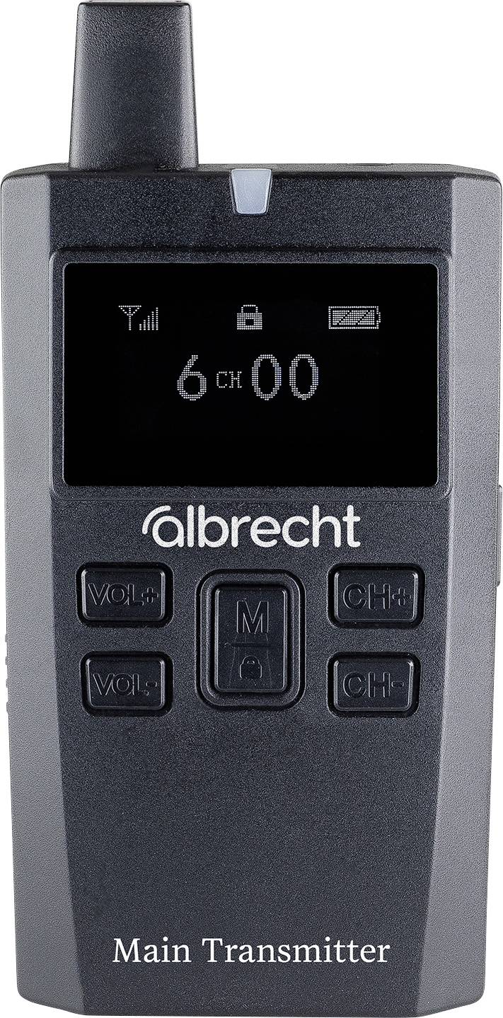 'Portable radio device with black casing, digital display, and control buttons for volume and channel. Display shows '6 Ch 00'. Branded 'albrecht'.'