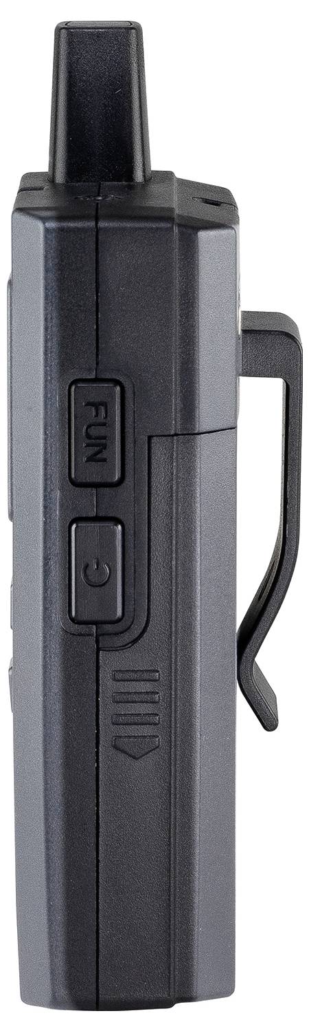 A side view of a compact two-way radio with a clip, showing two buttons labeled 'FUN' and a power symbol.