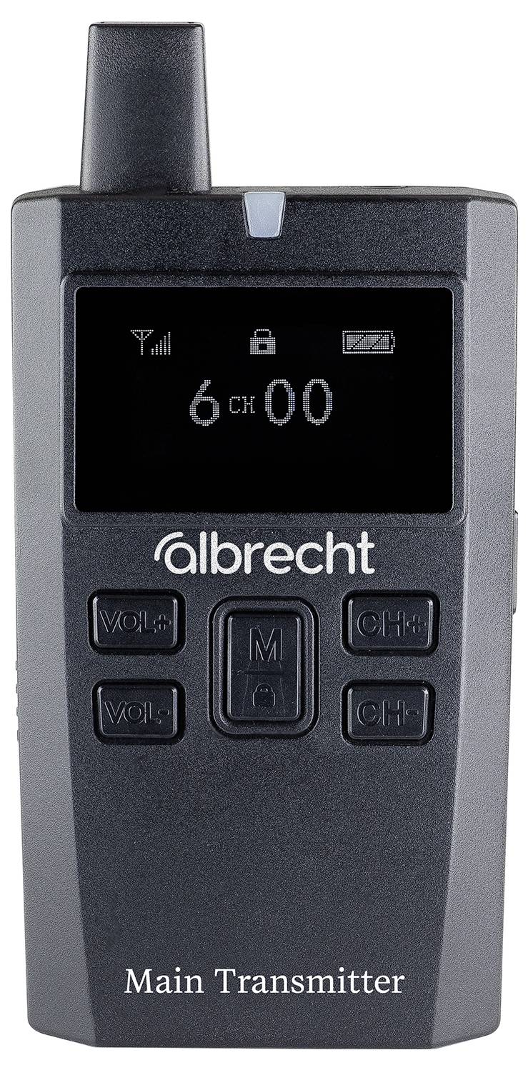 'Main Transmitter' device with a screen displaying '6 CH 00', buttons for 'VOL-' 'VOL+' 'CH-' 'CH+', and an antenna on top.