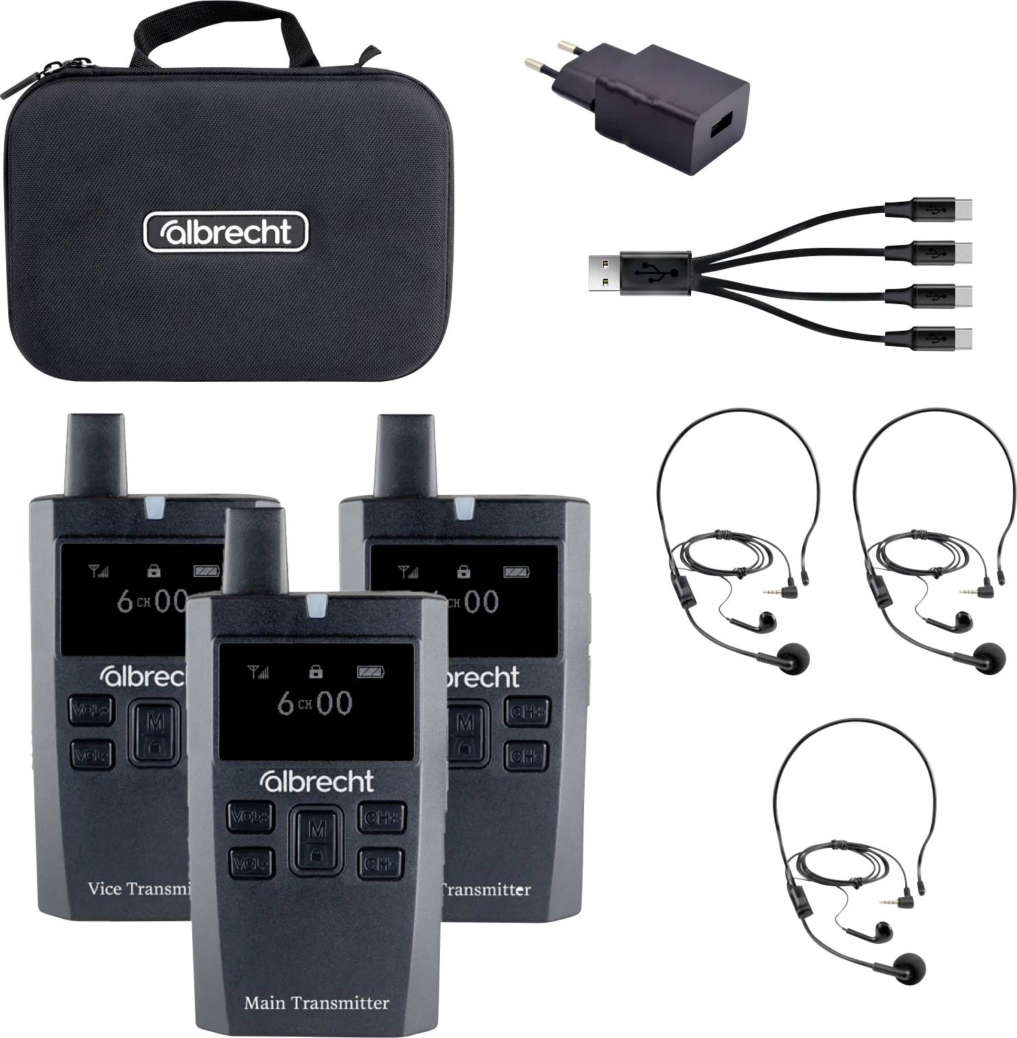 Three black wireless communication devices with antennas, labeled 'Main Transmitter' and 'Vice Transmitter'. Includes headsets, USB cable, charger, and carrying case.