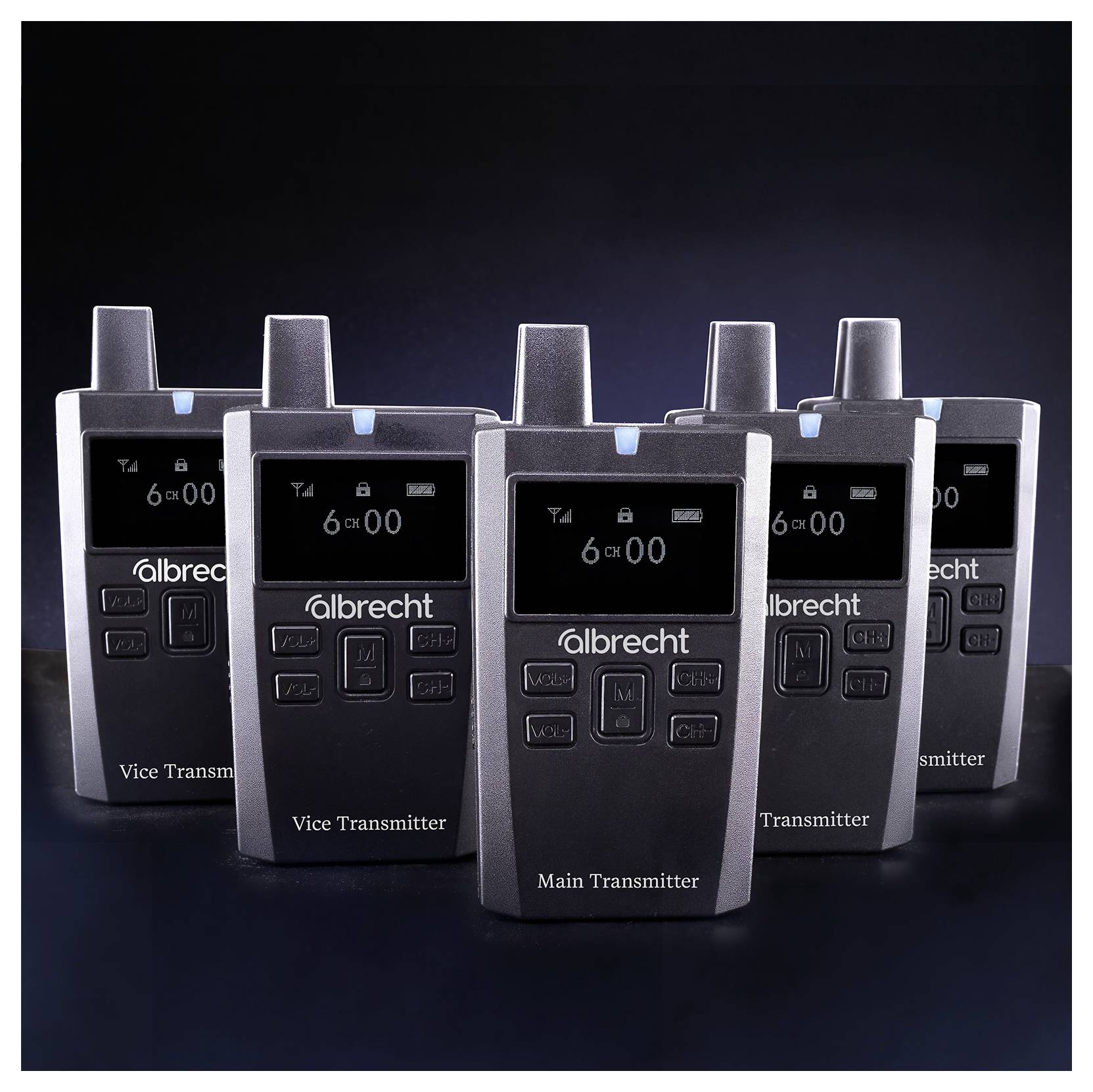 Five black handheld radio transmitters with blue accents, labeled 'albrecht,' featuring buttons and screens displaying '6 ch 06'.