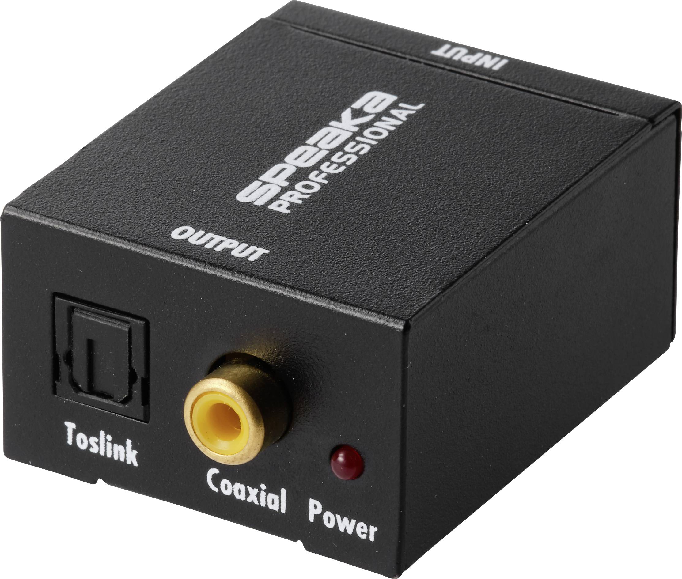 Black S/PDIF audio converter box labeled 'Speaka Professional' with Toslink input, coaxial output, and power indicator light.