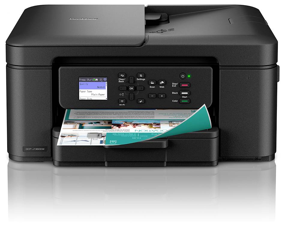 A black multifunction printer with a digital display showing options. It is printing a color document with text and images.