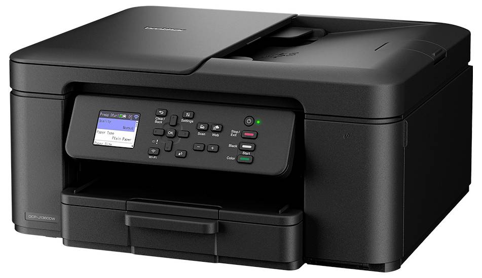 A black multifunction printer with control panel and display screen showing options. Opener is slightly visible on top.