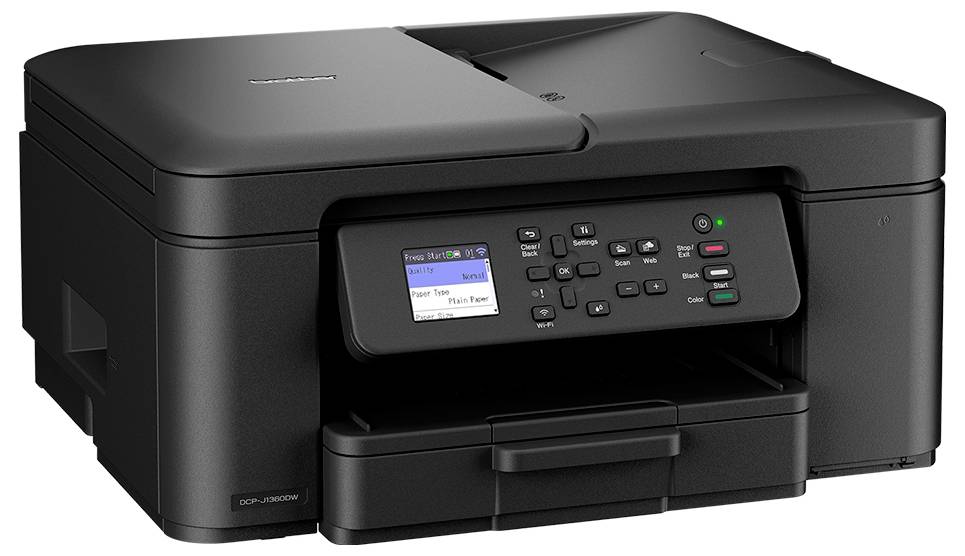 A black all-in-one printer with a digital display and control panel. The printer is designed for scanning, copying, and printing documents.