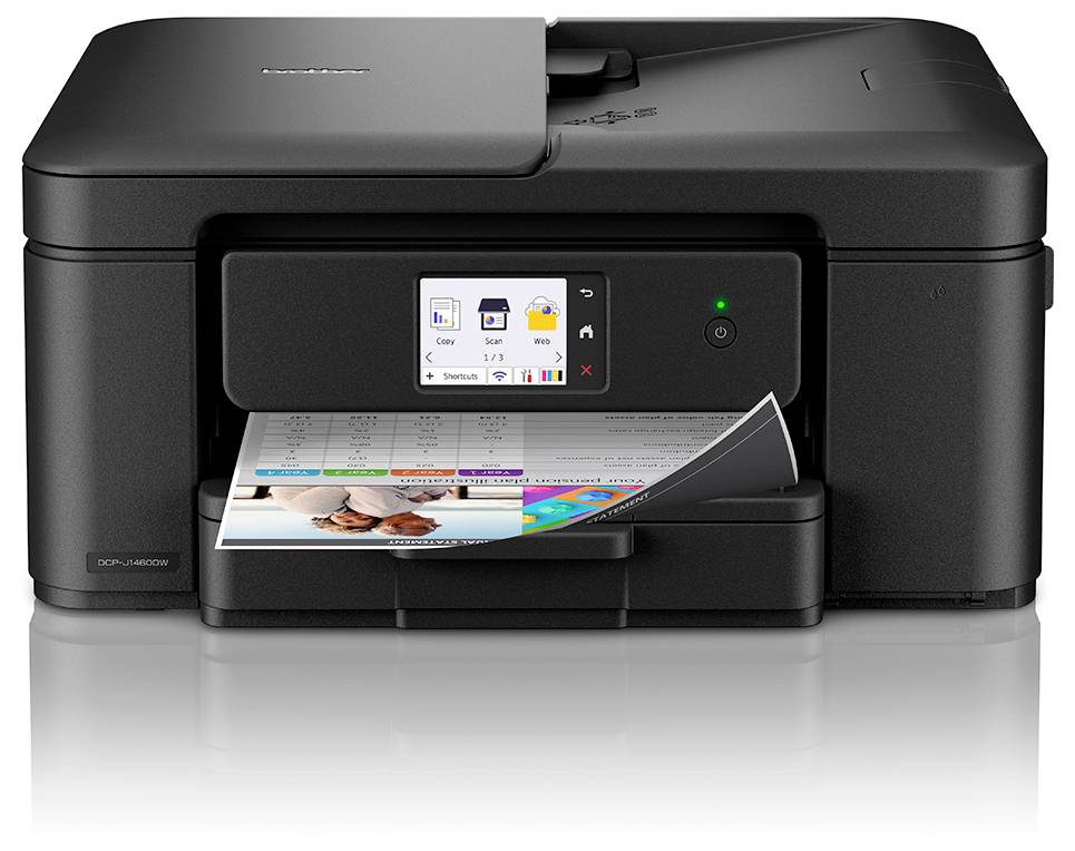 A black multifunction printer with a touch screen displays options for copying and printing. A color document with an image is being printed.