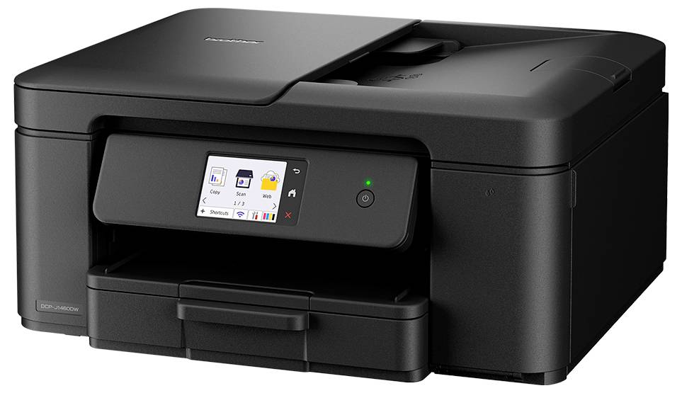 A black multifunction printer with a digital display showing various icons for printing, scanning, and settings.