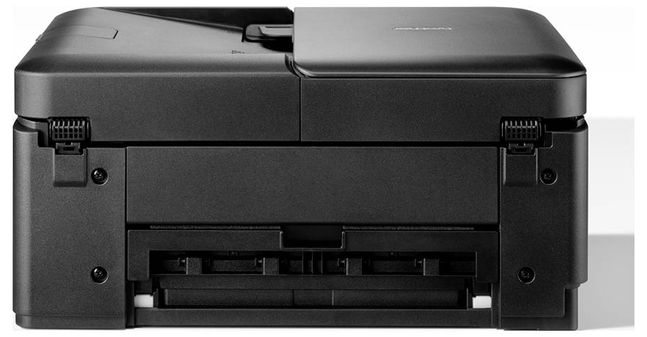 A black printer viewed from the front, showing its paper tray and compact design.
