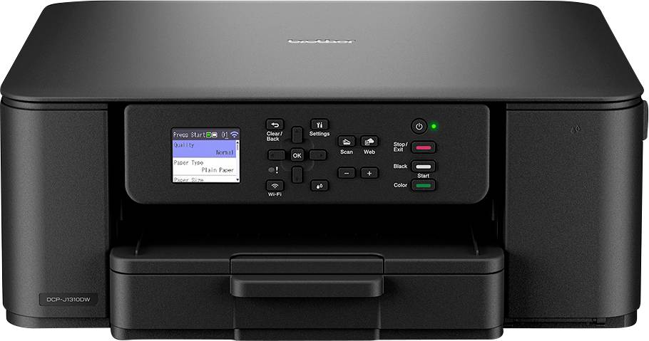 A black multifunction printer with control panel and display, showing status options and buttons for copy, scan, and print functions.
