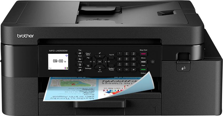 A black Brother printer with a small digital display, featuring a document being printed, showcasing colorful graphics and text.