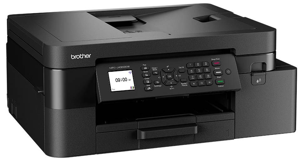 A black multifunction printer with a control panel and small display screen. The printer has paper trays and buttons for operation.